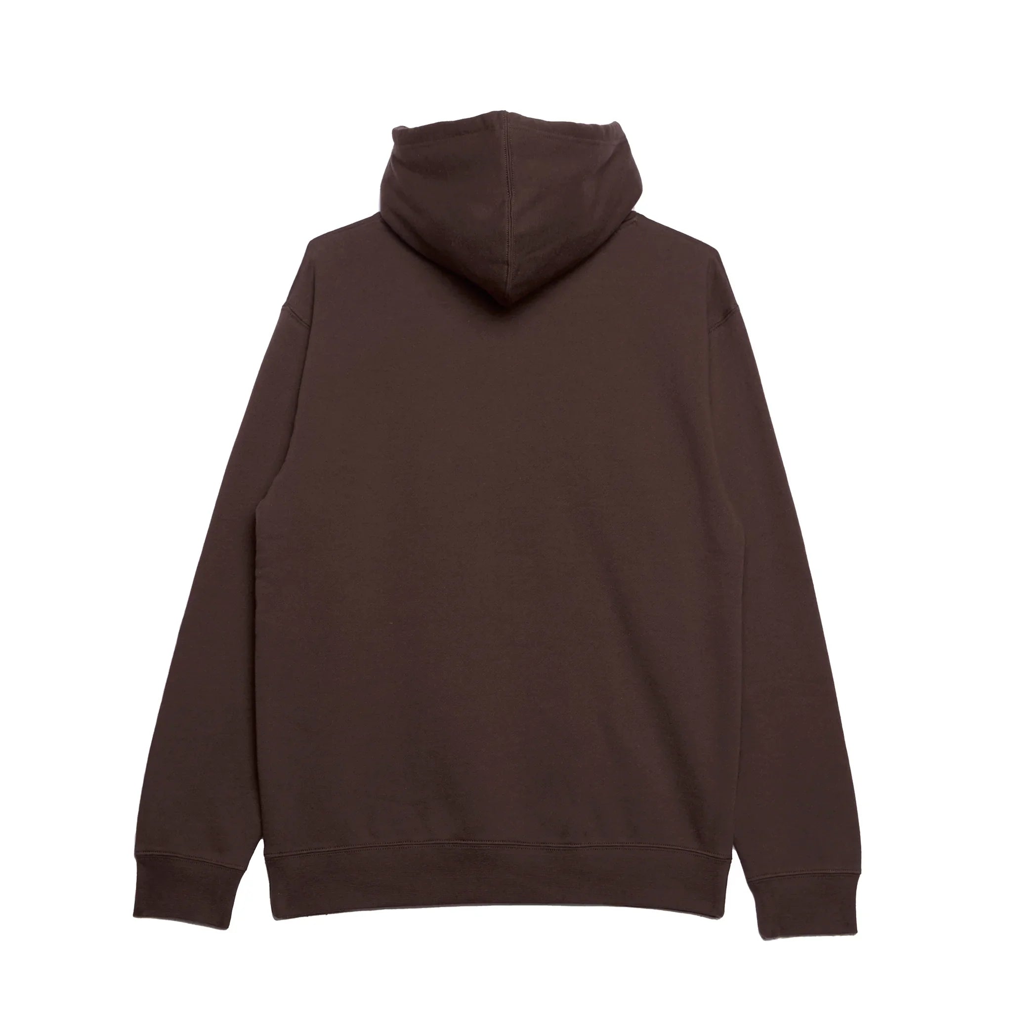 Dark brown hooded sweatshirt, back view, casual streetwear style