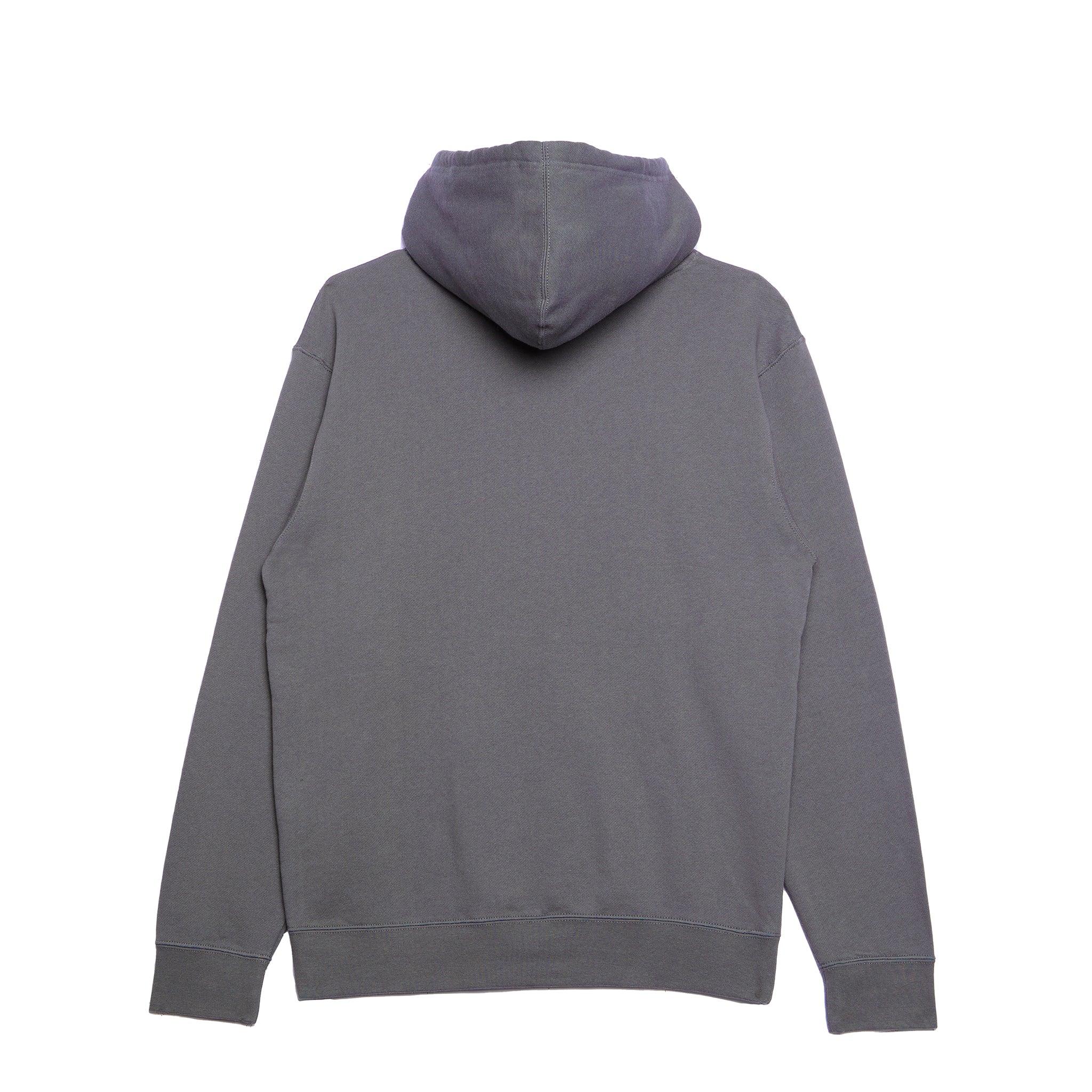 Gray hooded sweatshirt back view, casual streetwear style with ribbed cuffs and hem
