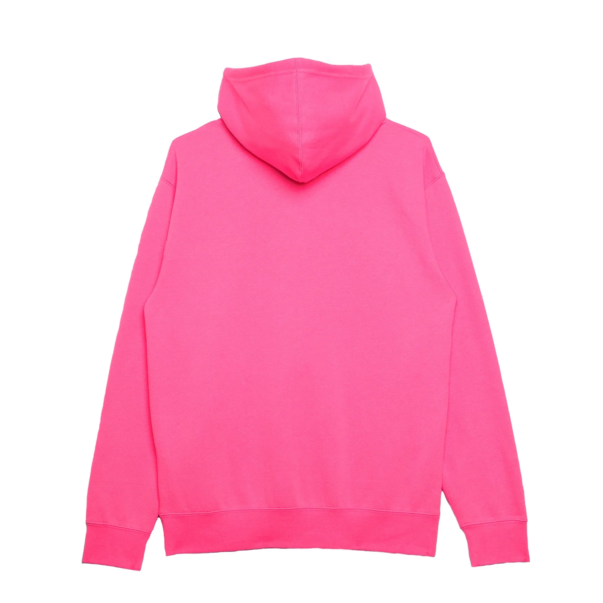 Bright pink hooded sweatshirt, back view, casual streetwear style