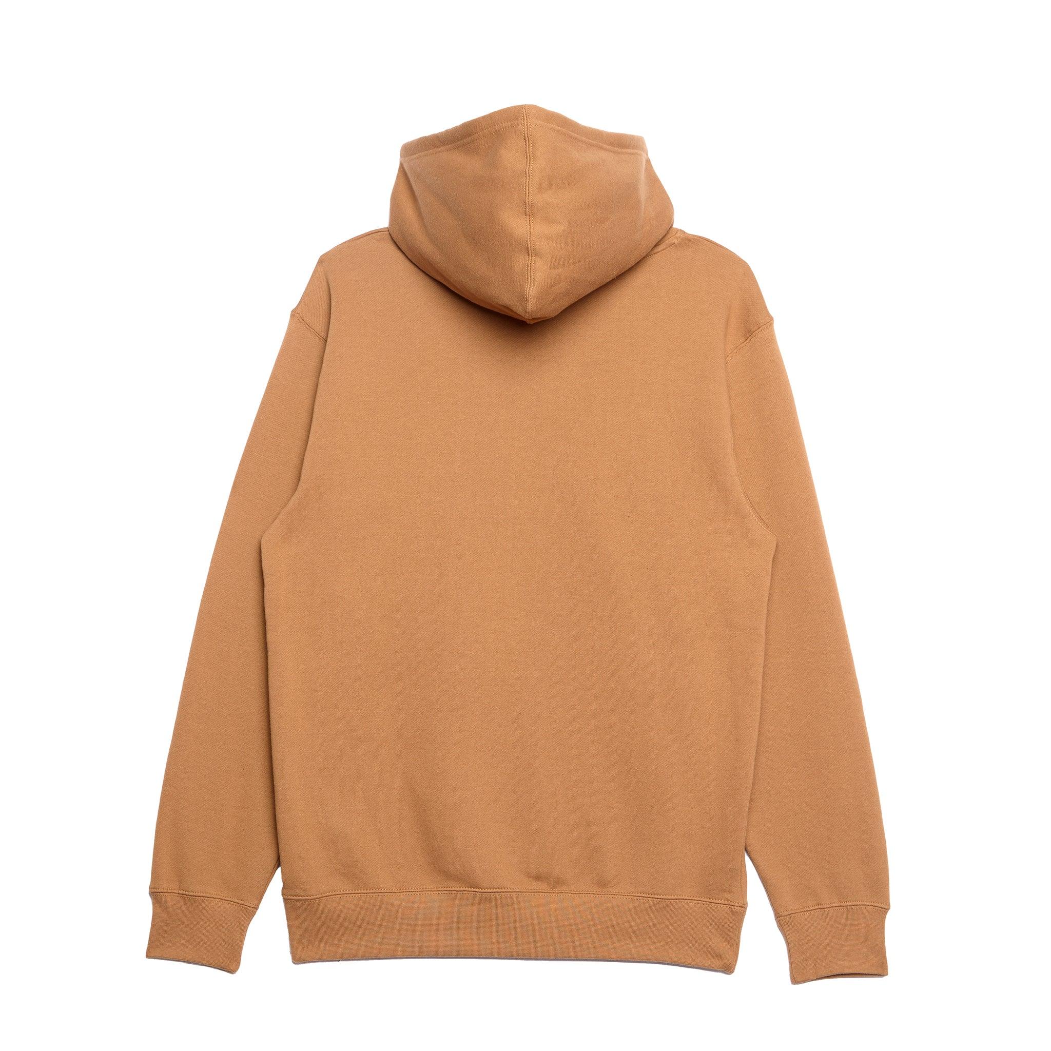 Tan hooded sweatshirt back view, casual streetwear style with relaxed fit and ribbed cuffs