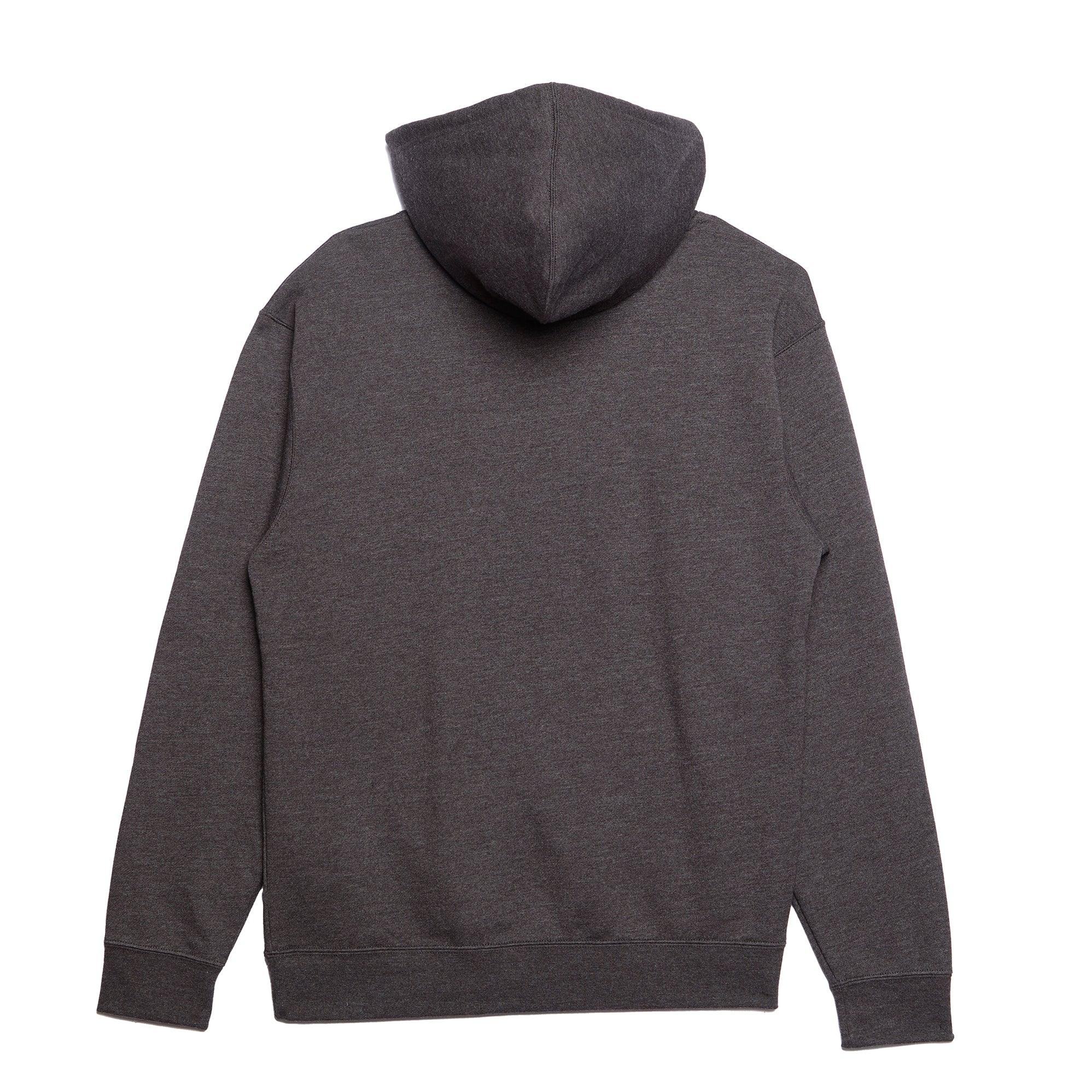 Dark gray hooded sweatshirt, back view, casual streetwear style with ribbed cuffs and hem