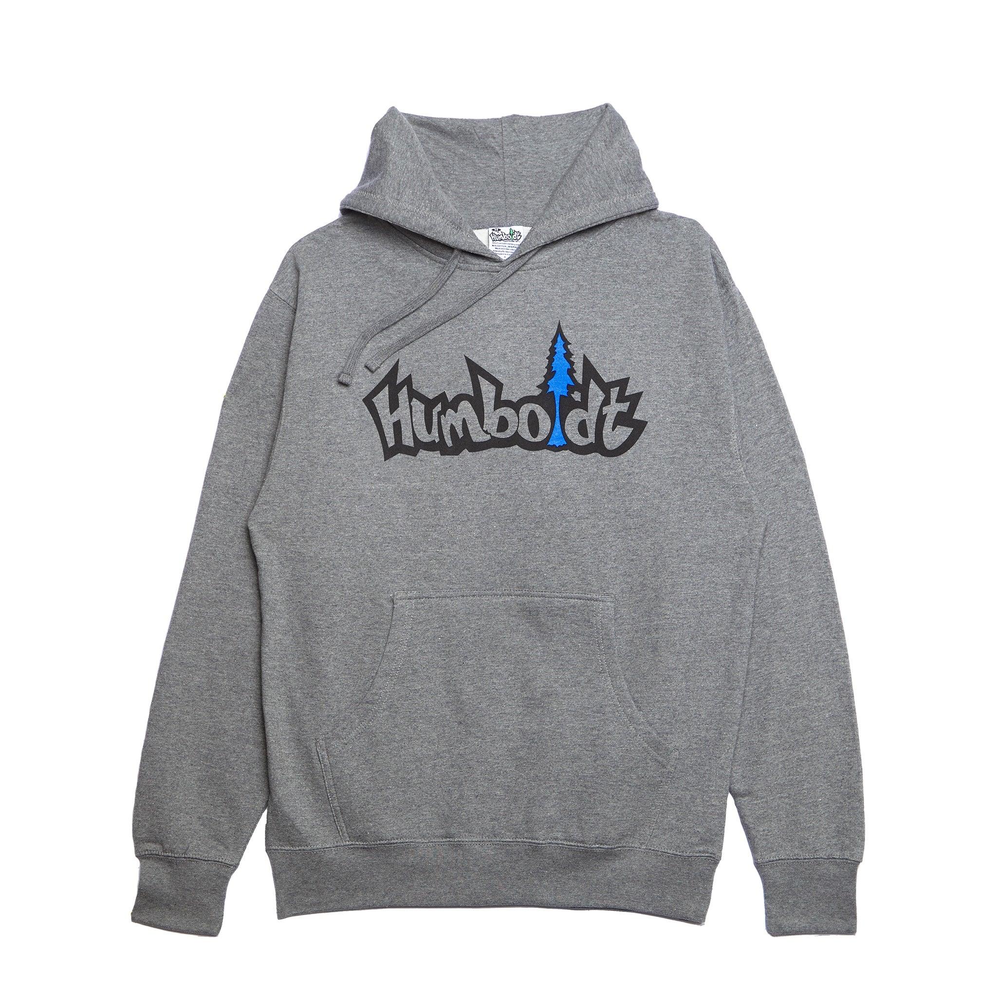 Gray hoodie with 'Humboldt' graphic and blue pine tree, blending outdoor and streetwear style