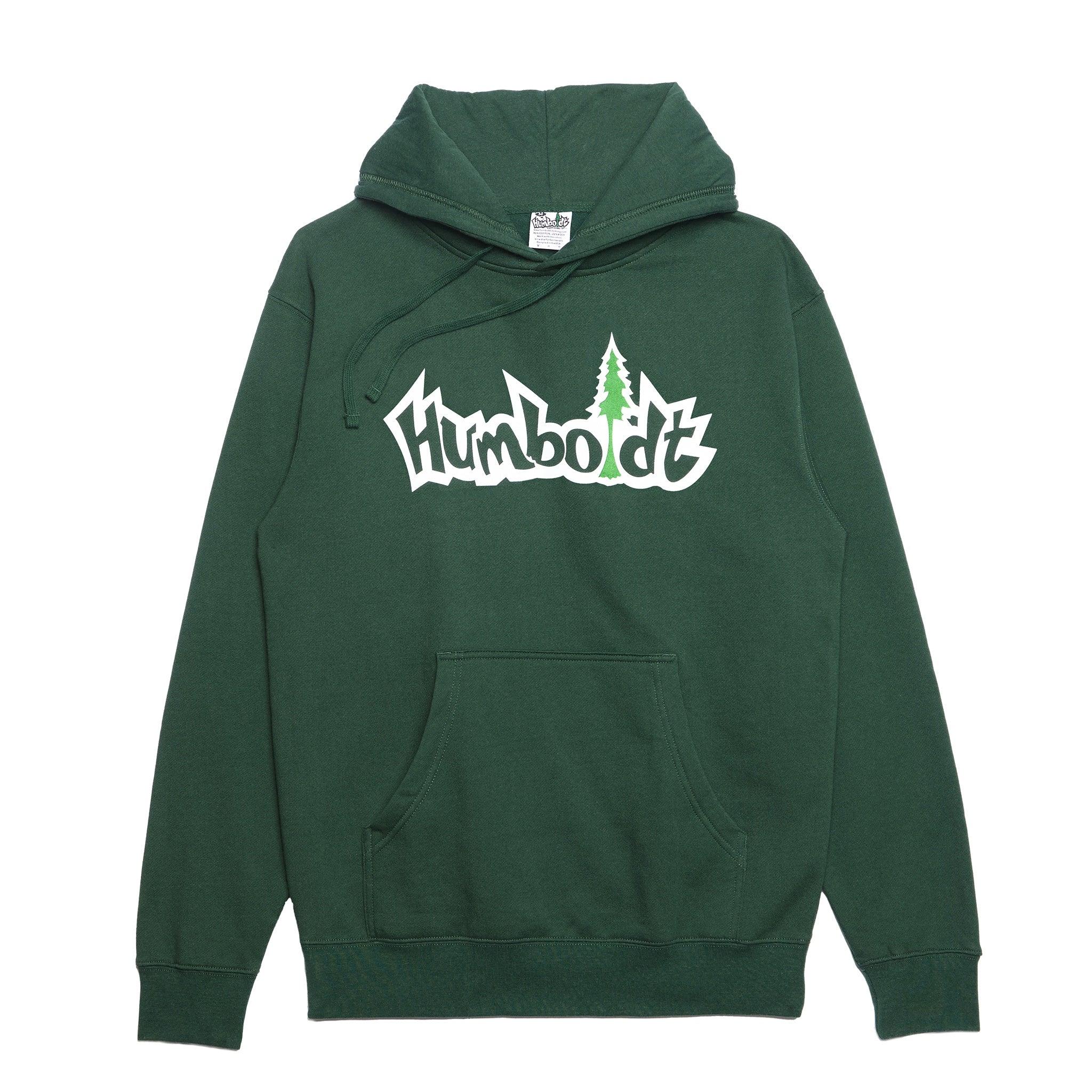 Forest green hoodie with 'Humboldt' graphic and pine tree, blending outdoor and streetwear style