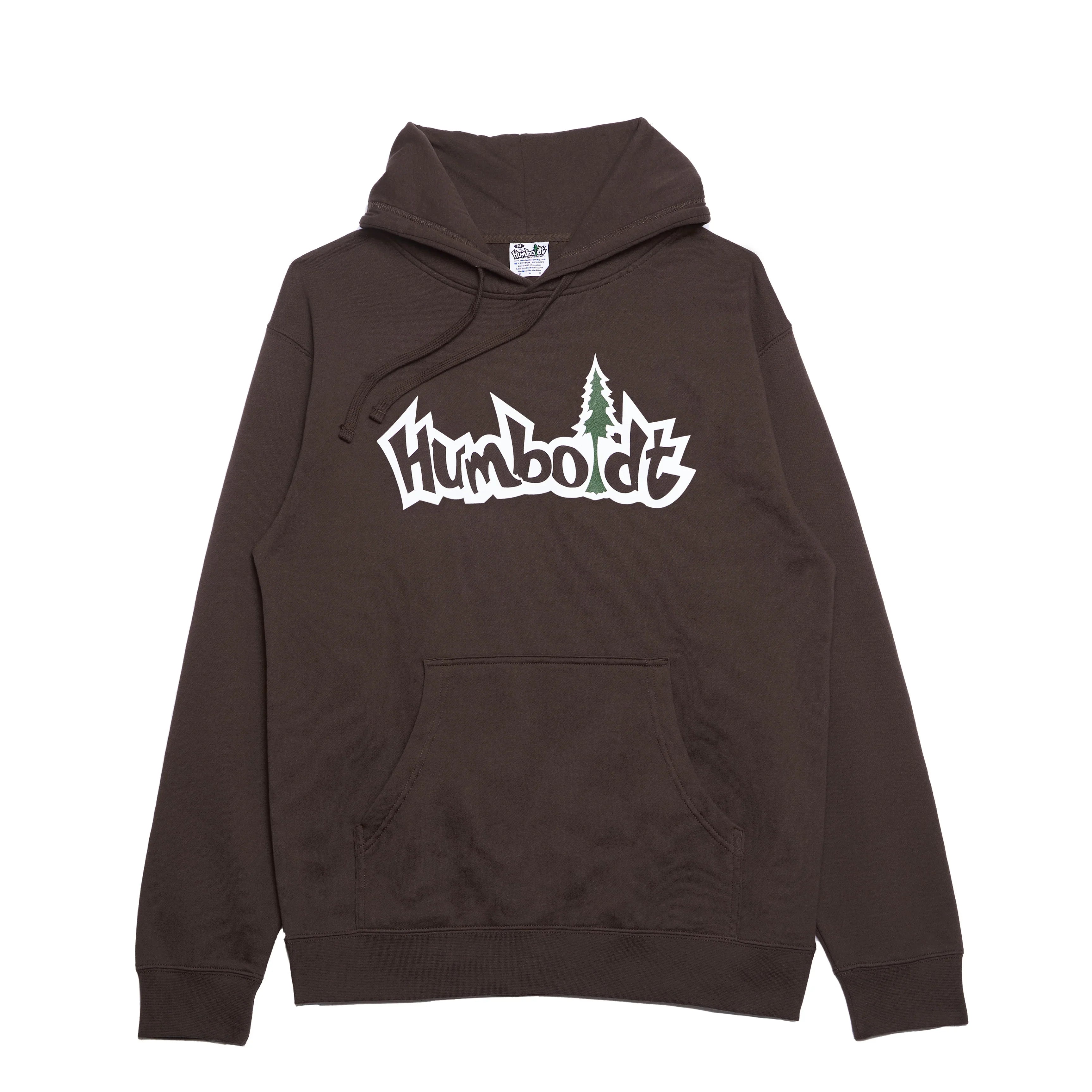 Brown Humboldt hoodie with white logo and green tree, featuring front pocket and drawstring hood.