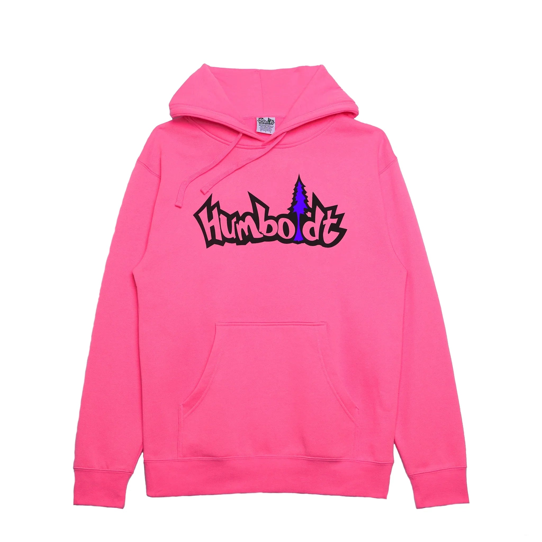 Bright pink hoodie with bold 'Humboldt' graphic and purple tree, blending outdoor and streetwear style.