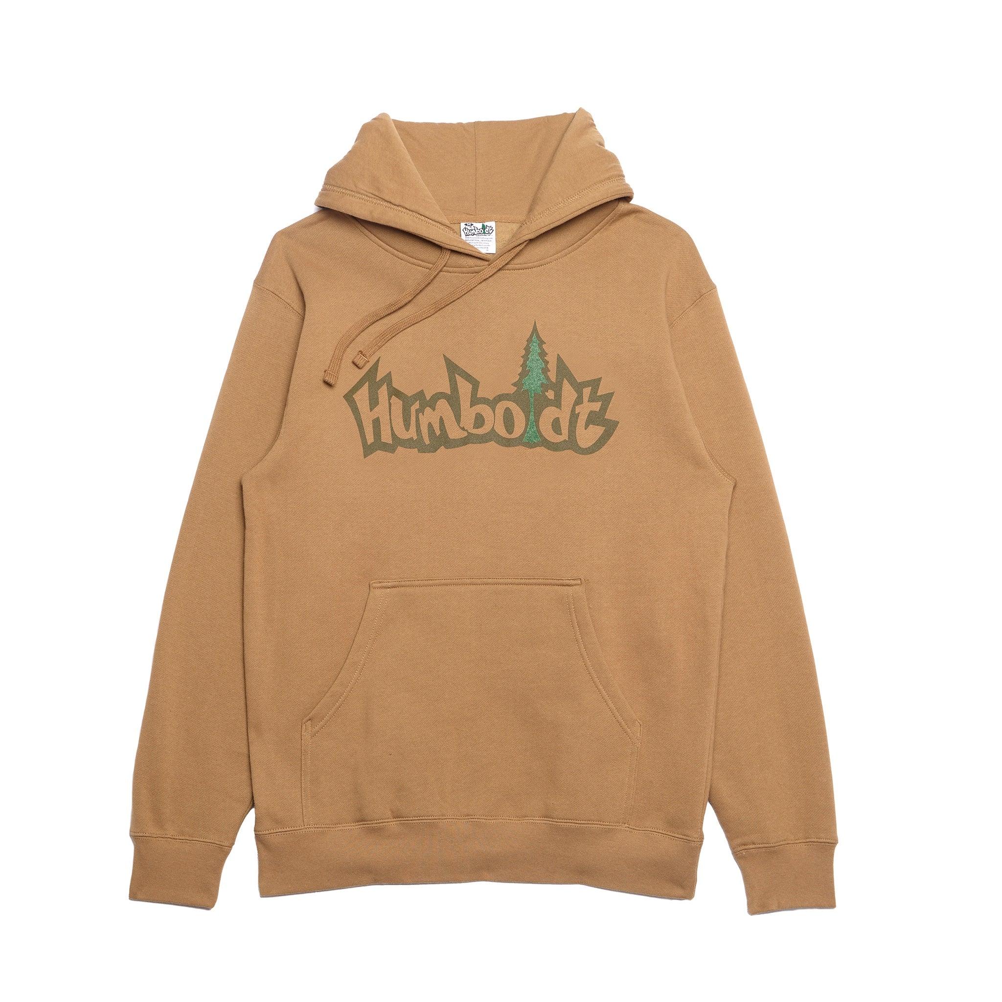 Tan hoodie with 'Humboldt' graphic and pine tree, blending outdoor and streetwear style