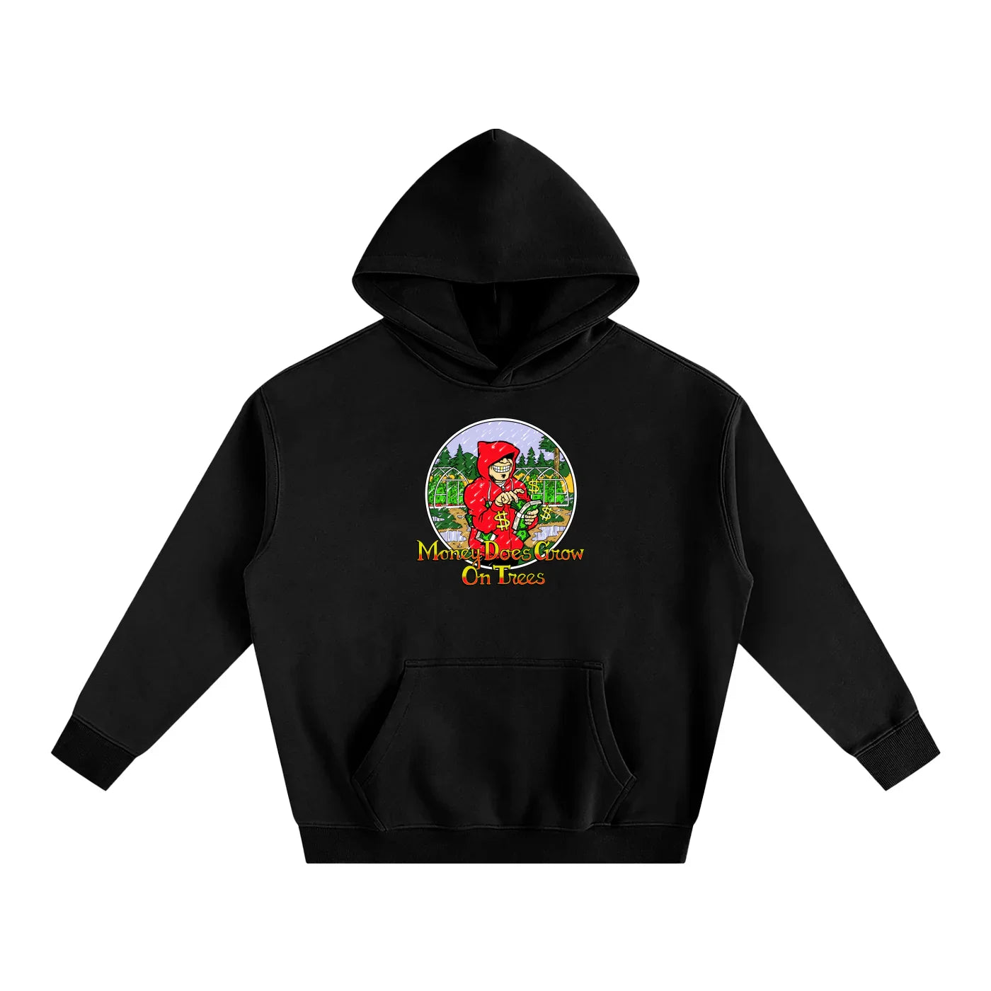 Black hoodie with a colorful graphic showing a guy wearing a hoodie counting cash $, and text that says Money Does Grow on Trees