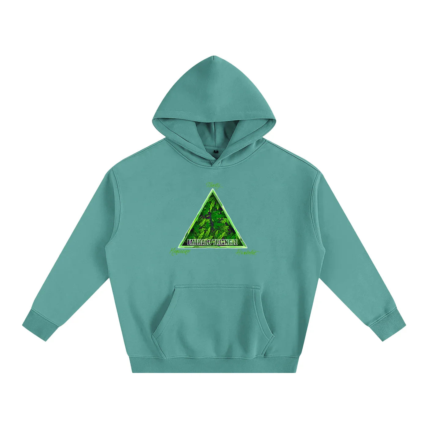 Teal hoodie with Emerald Triangle forest graphic, blending outdoor and streetwear style.