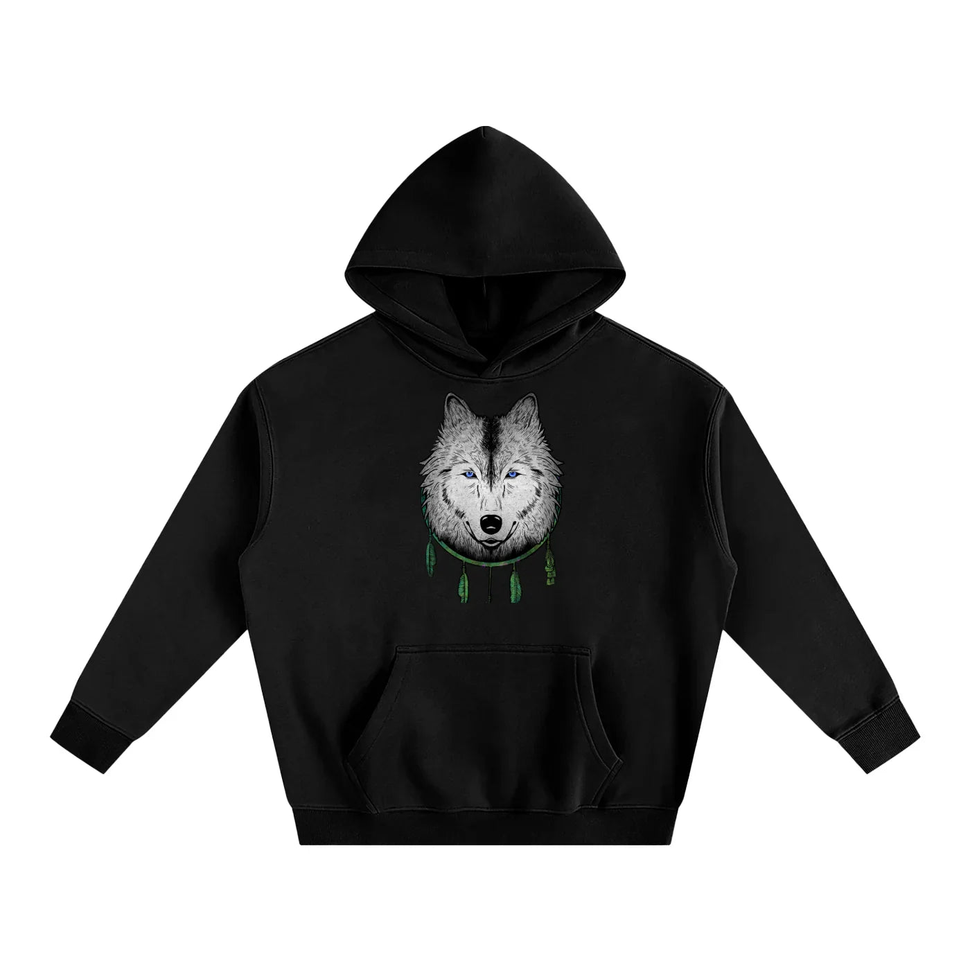 Black hoodie with a wolf graphic and feathers on a white background