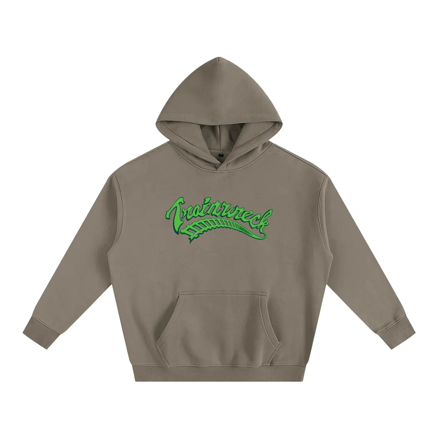 Olive green hoodie with bold green 'Trainwreck' graphic, blending streetwear style and outdoor vibes.