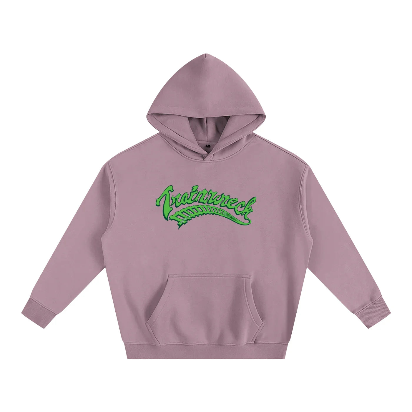 Mauve hoodie with green 'Trainwreck' graphic, blending streetwear style and outdoorsy vibes