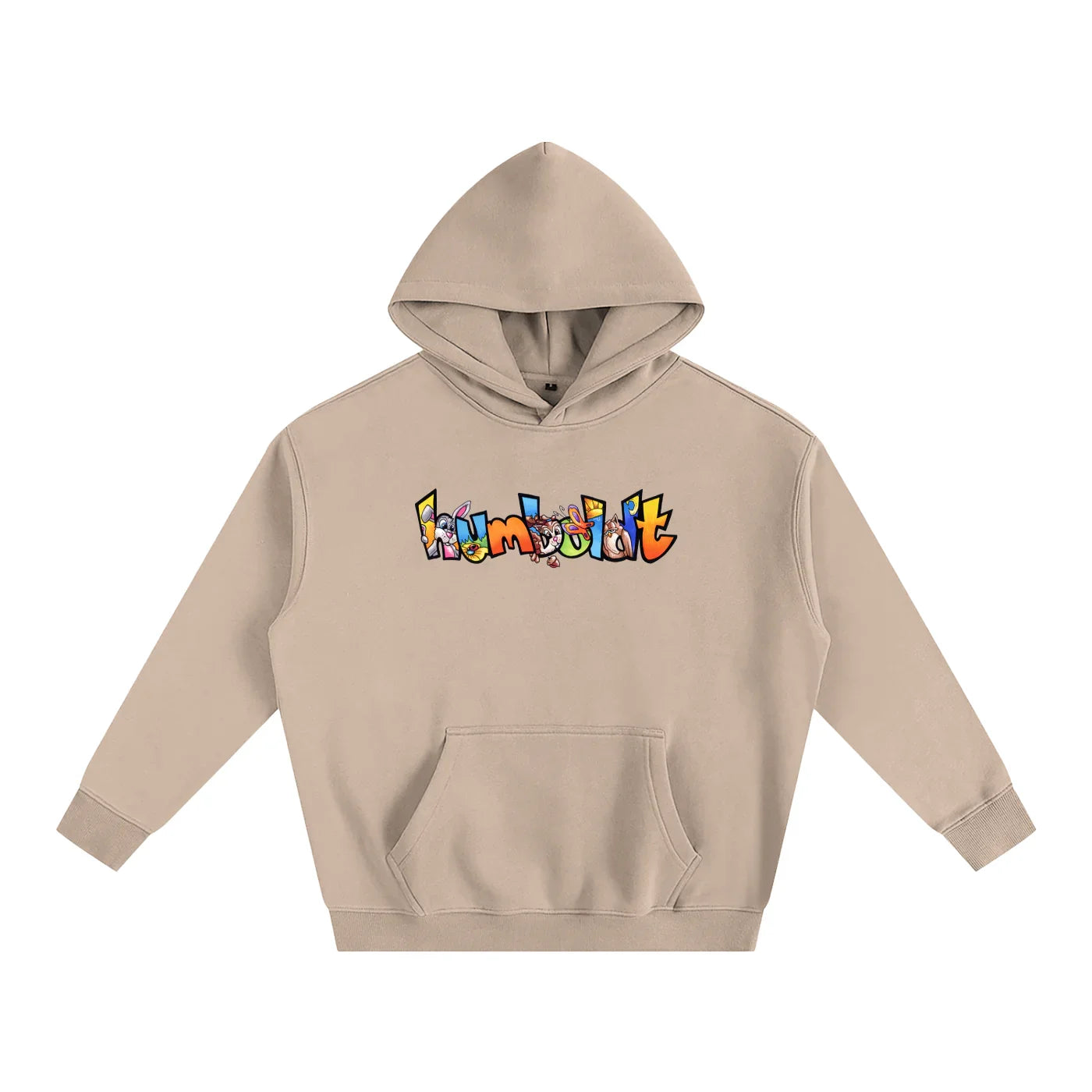 Beige hoodie with colorful 'Humboldt' graphic, blending outdoor and streetwear style for Northern California vibes.
