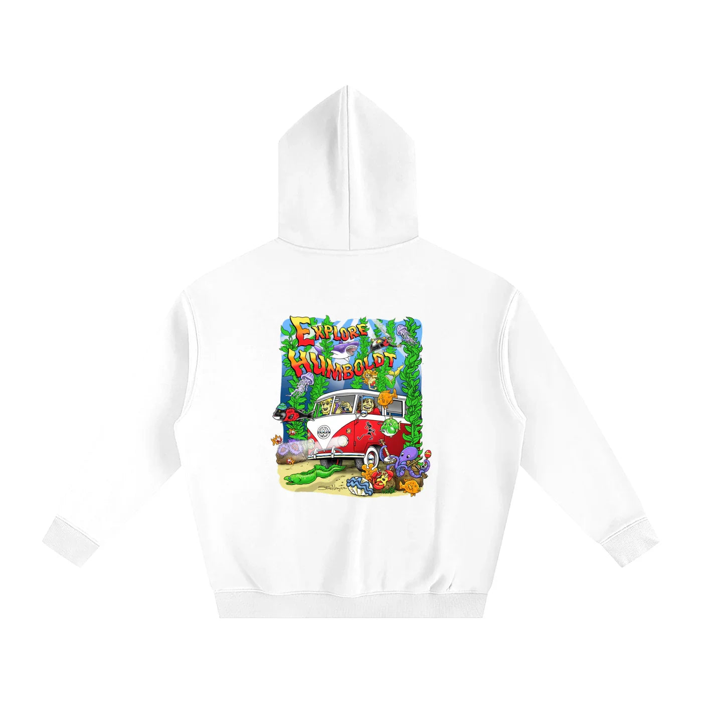 White hoodie with 'Explore Humboldt' graphic, vintage van, sea creatures, and coastal vibes