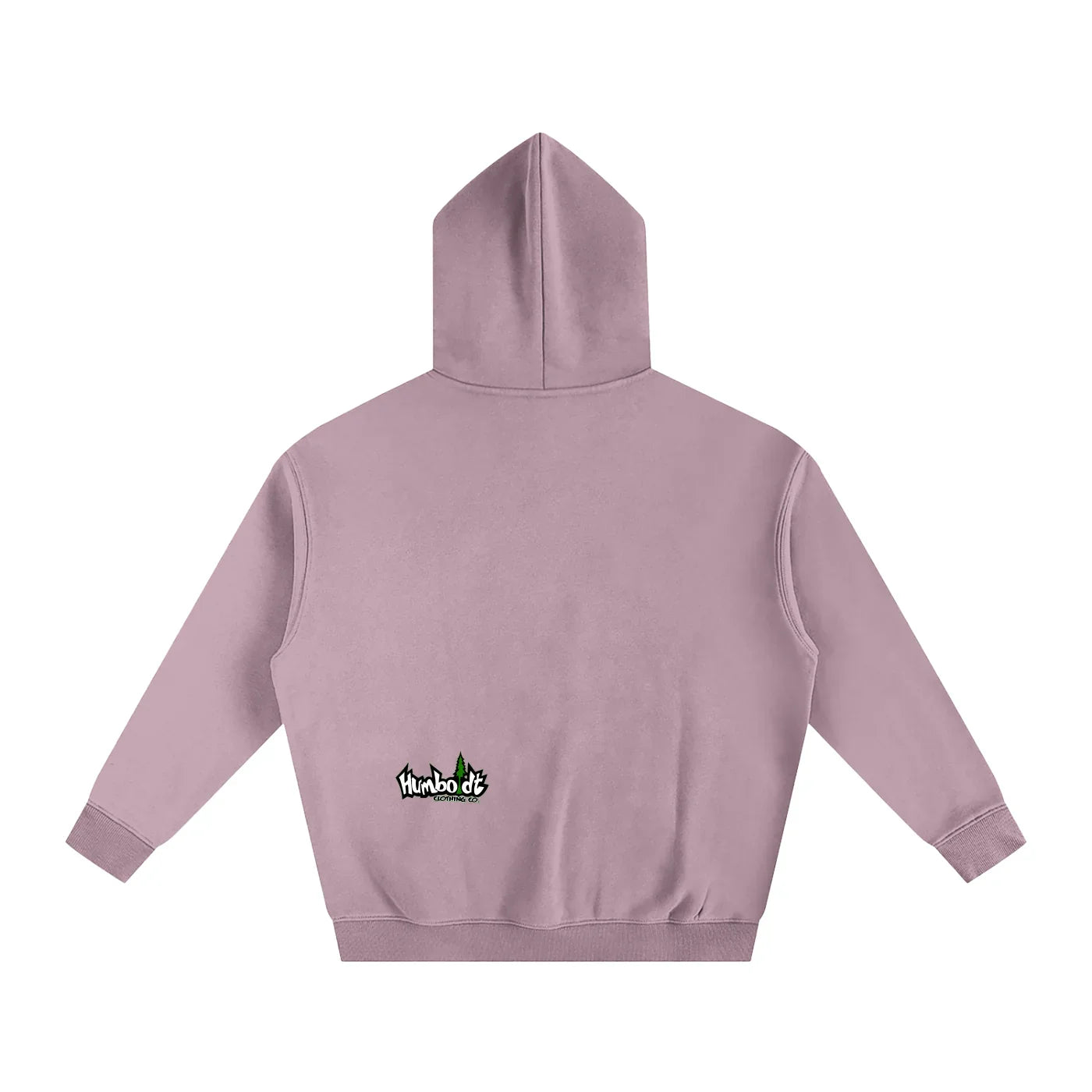 Dusty pink hoodie with small Humboldt Clothing Co logo on back, blending outdoor and streetwear style