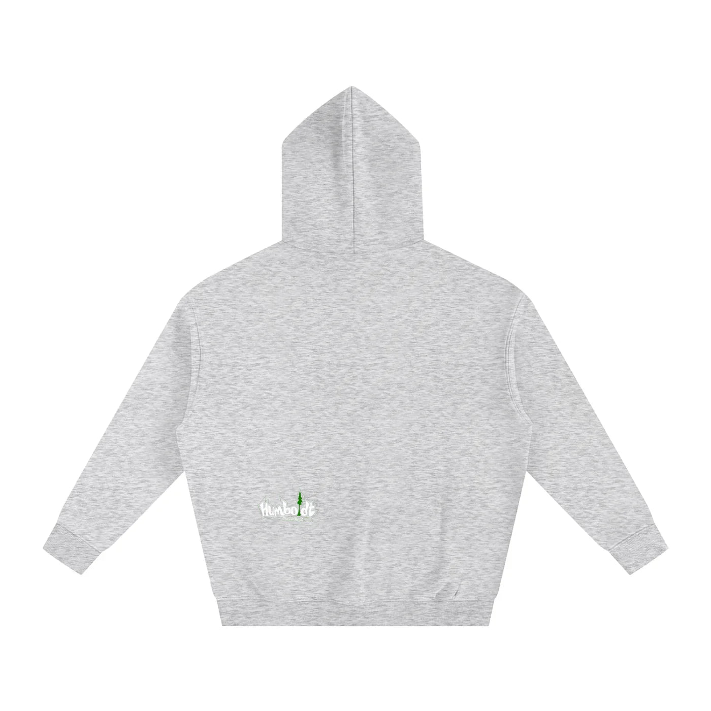 Gray hooded sweatshirt with small Humboldt logo and green tree graphic on back, casual outdoor style