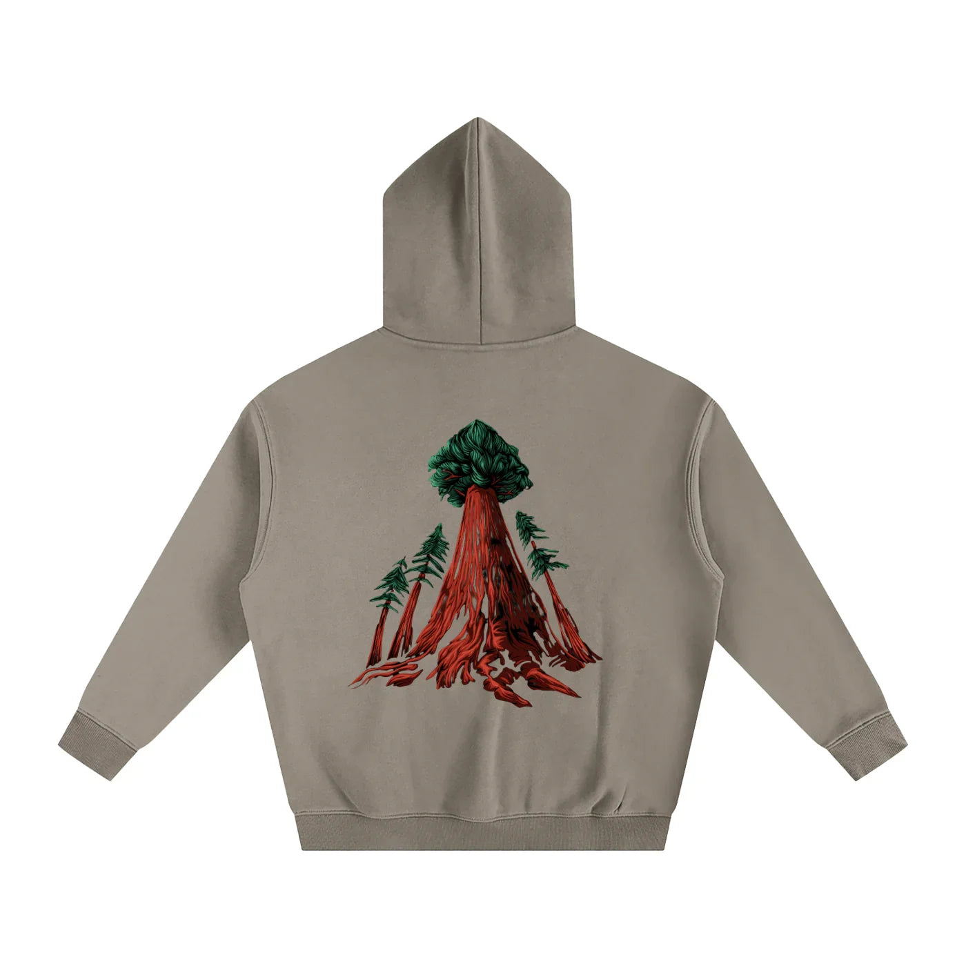 Tan hoodie with red tree root graphic, green forest design, outdoors streetwear style