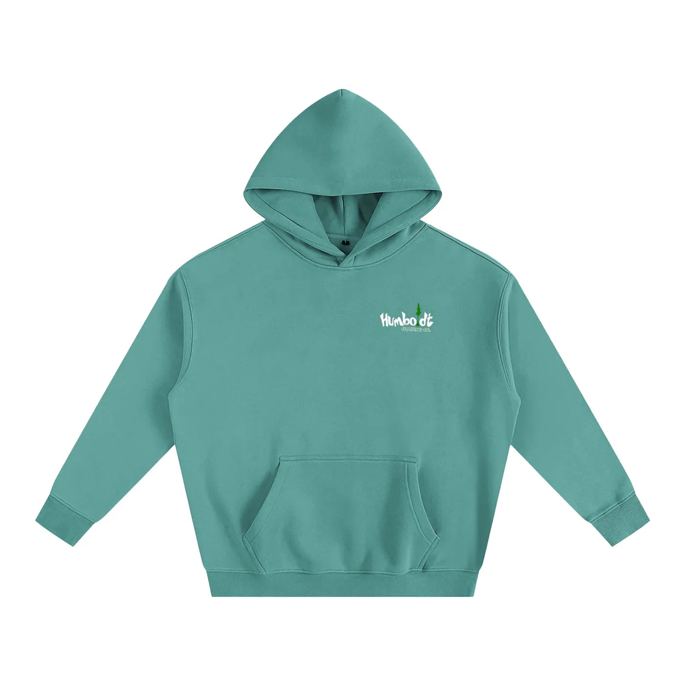 Teal hooded sweatshirt with small Humboldt logo, blending outdoor style and streetwear comfort.