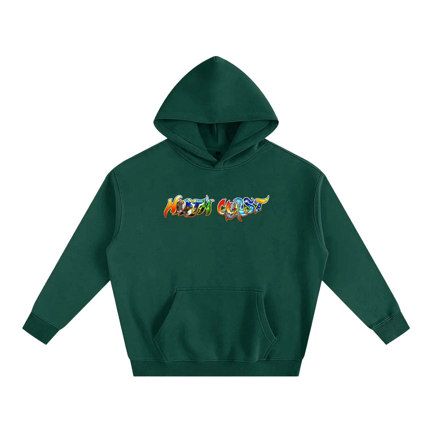 Dark green hoodie with colorful 'North Coast' graphic, blending outdoor and streetwear style.