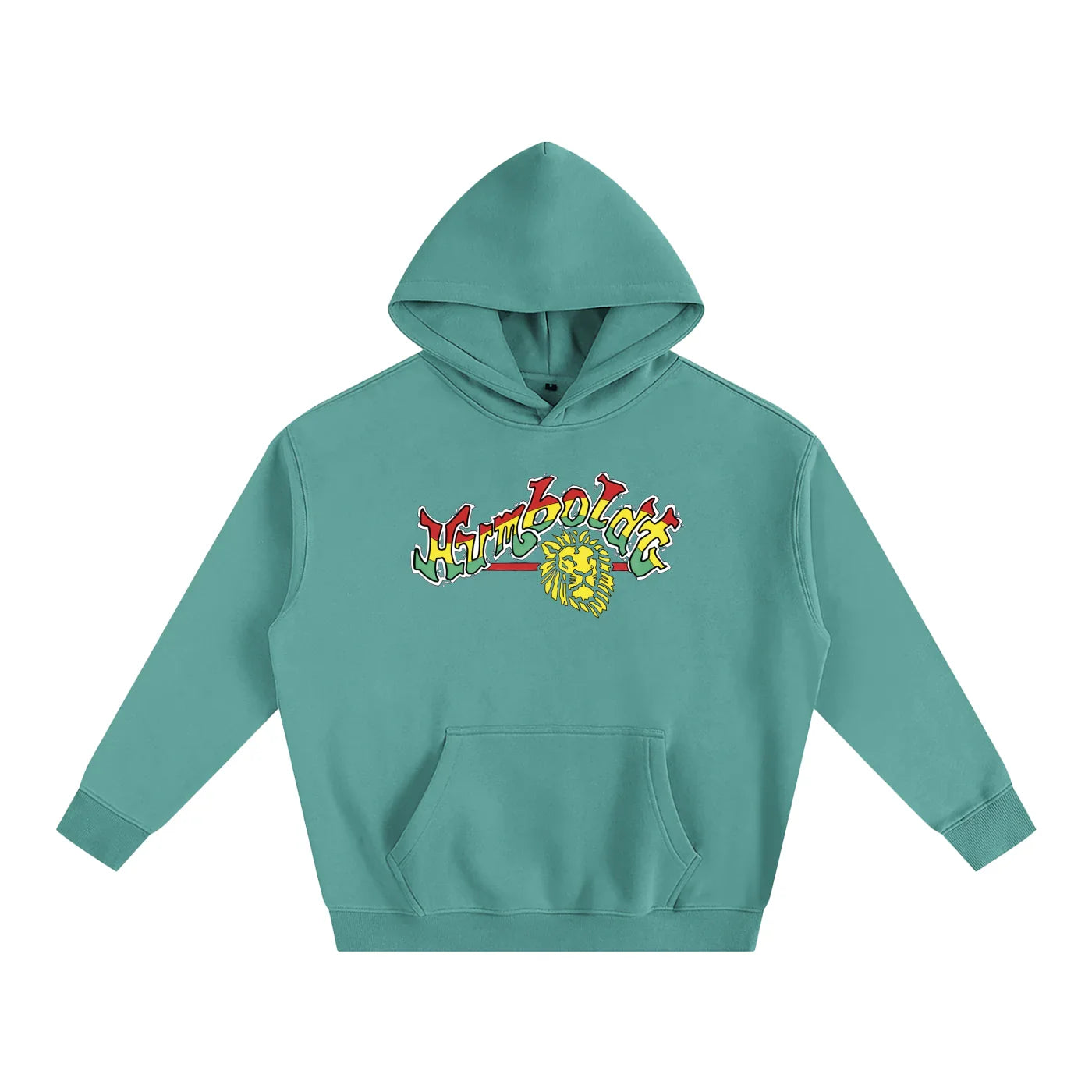 Teal hoodie with colorful Humboldt lion graphic, blending outdoor and streetwear style