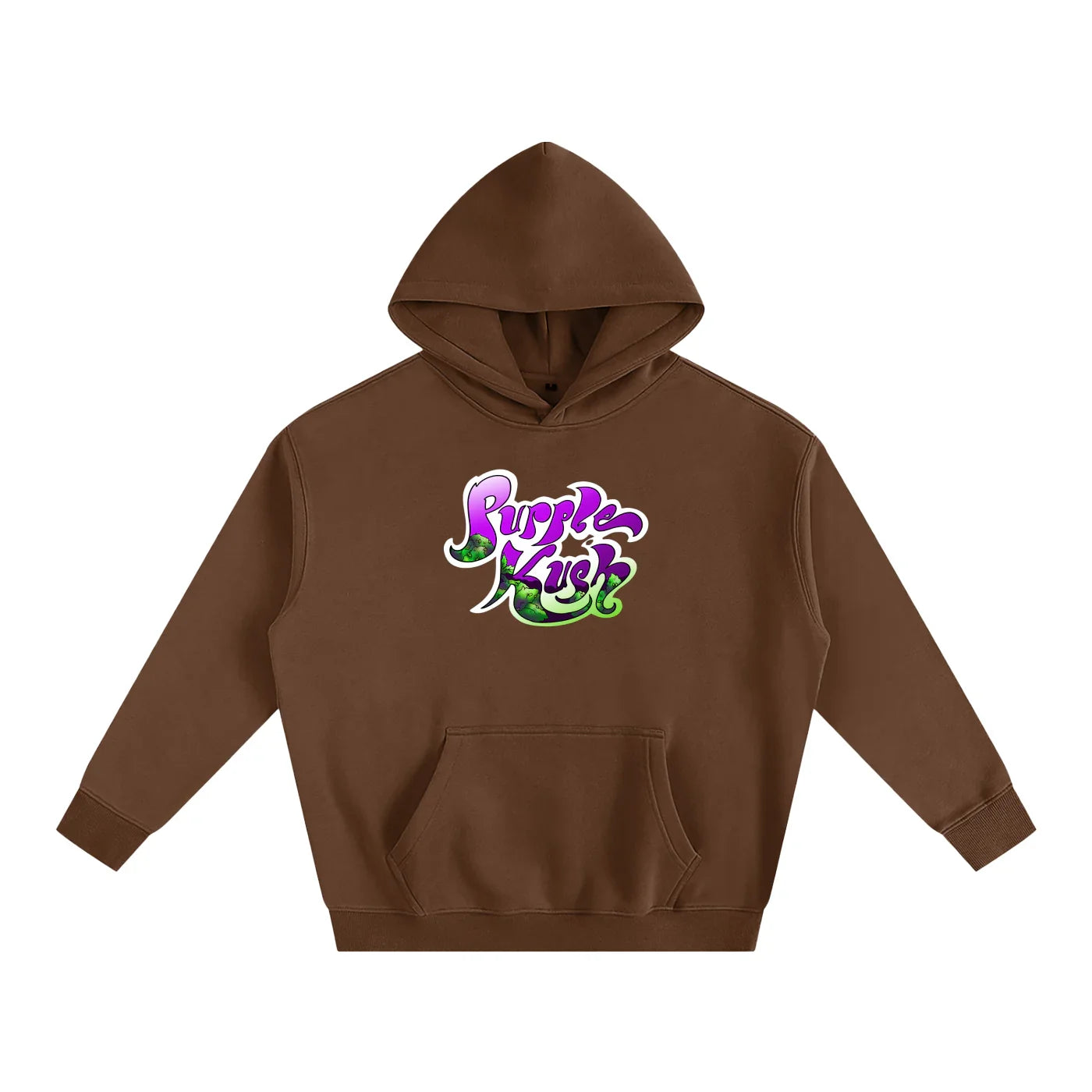 Brown hoodie with vibrant purple and green 'Purple Kush' graphic, blending streetwear style with bold design.