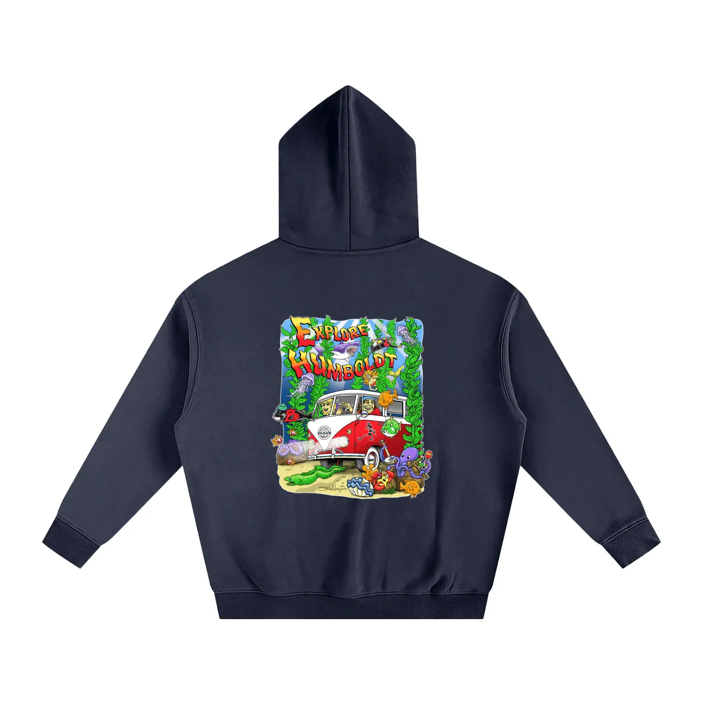 Navy hoodie with 'Explore Humboldt' graphic, vintage van, sea creatures, and coastal art for outdoor & streetwear style