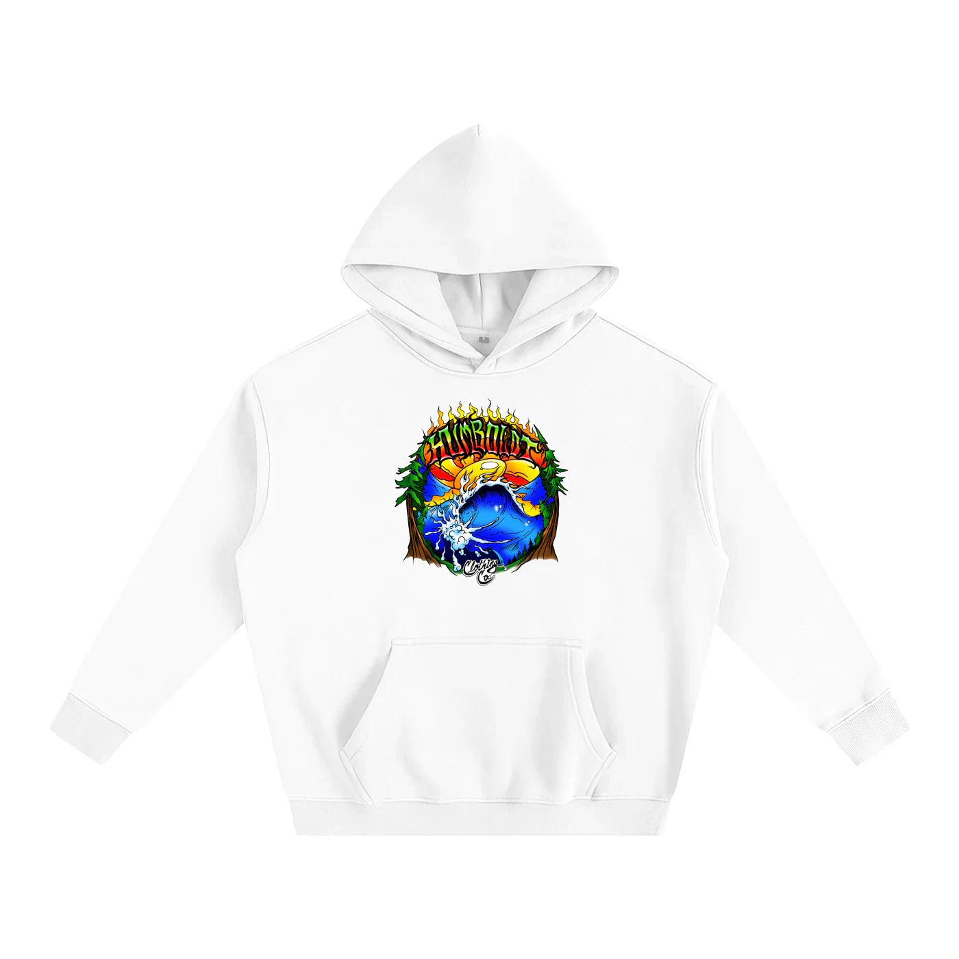 White hoodie with vibrant Humboldt graphic, blending nature and streetwear style