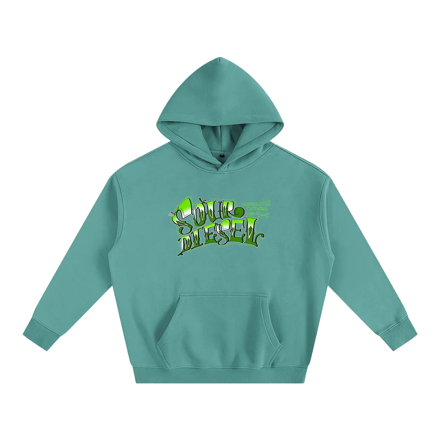 Teal hoodie with green 'Sour Diesel' graphic, urban streetwear style for Humboldt County vibes