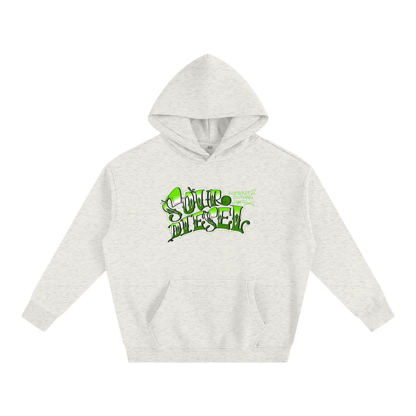 Grey hoodie with green 'Sour Diesel' graphic, Humboldt Clothing Co. design, urban streetwear style
