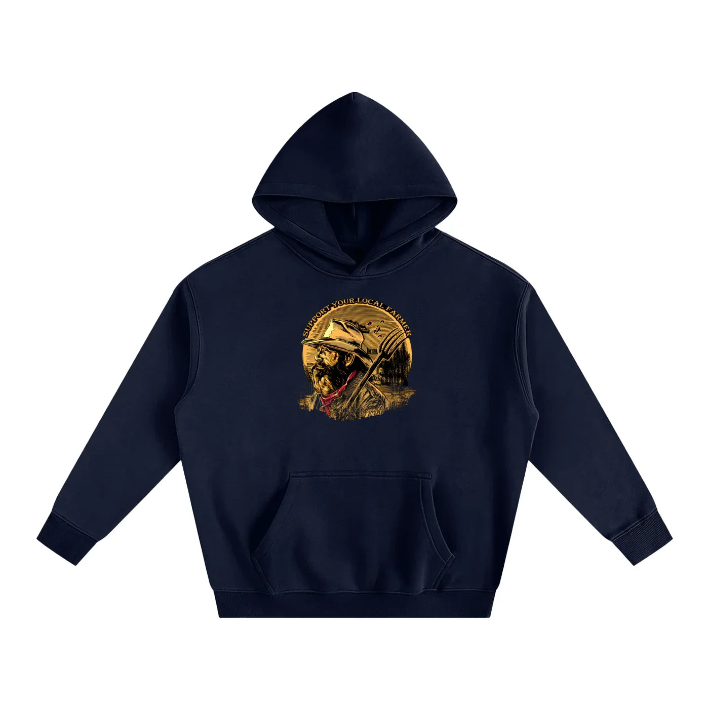 Navy hoodie with 'Support Your Local Farmer' graphic, rugged outdoor design for Humboldt style
