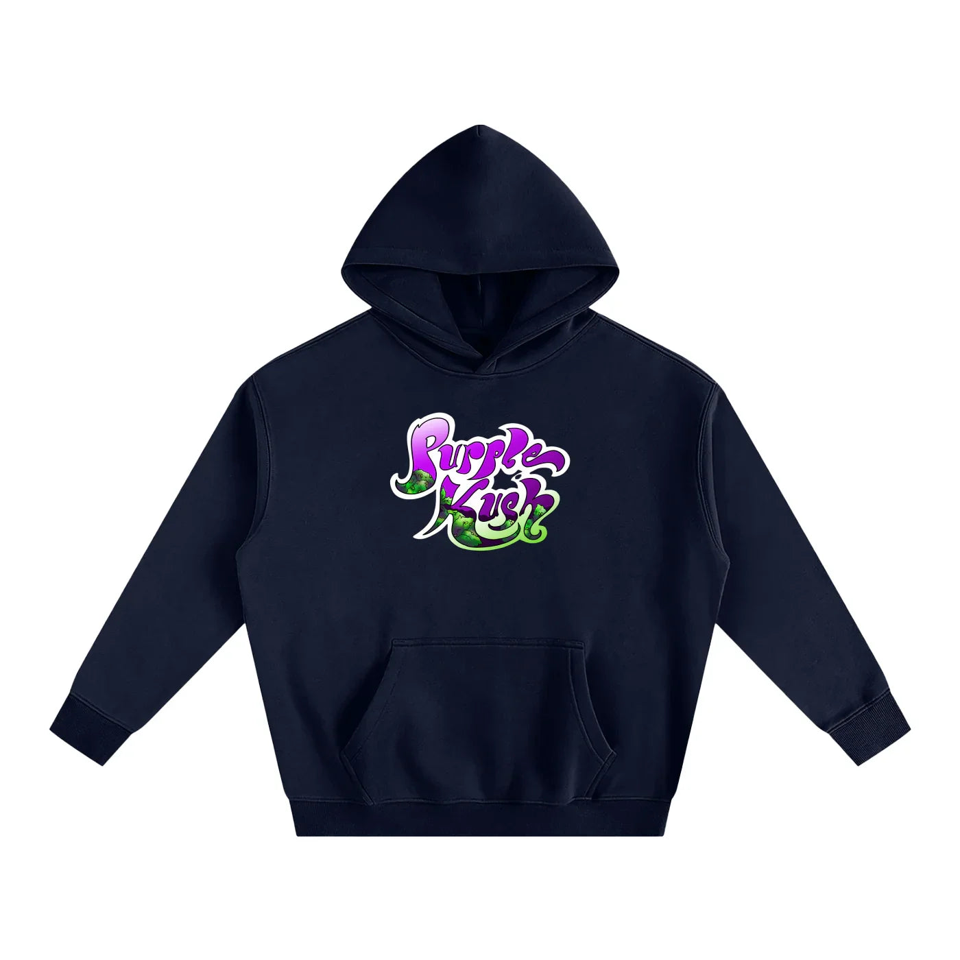 Navy hoodie with vibrant purple and green 'Purple Kush' graphic, streetwear style