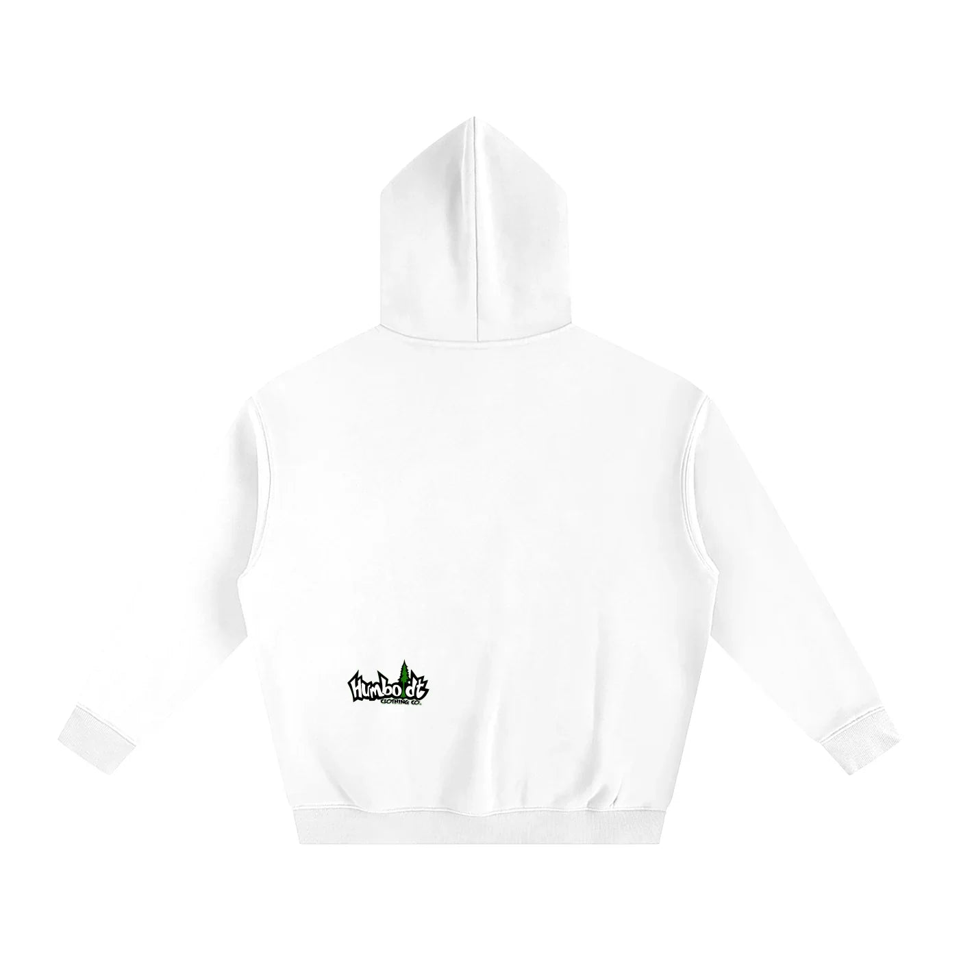 White hoodie with small Humboldt Clothing Co. logo on back, blending outdoor and streetwear style