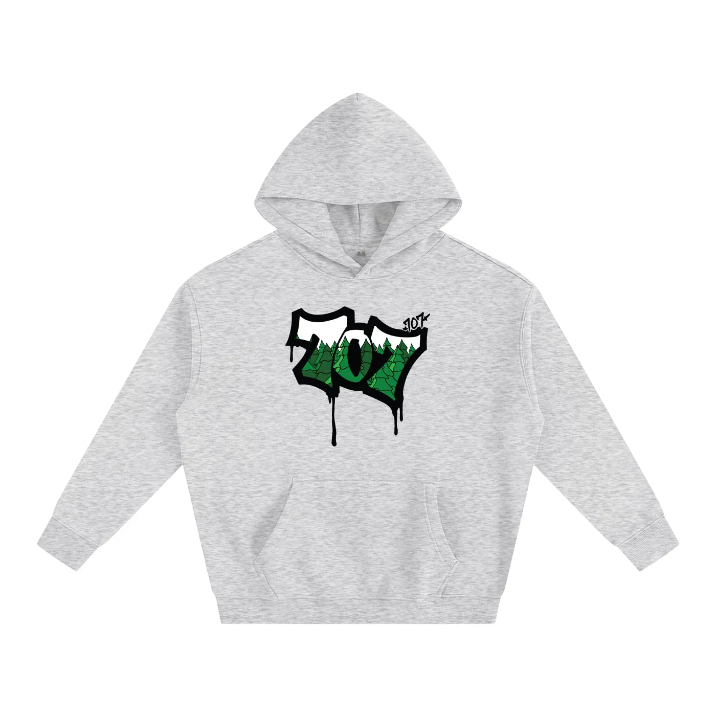 Gray hoodie with 707 forest graphic, blending outdoor and streetwear style