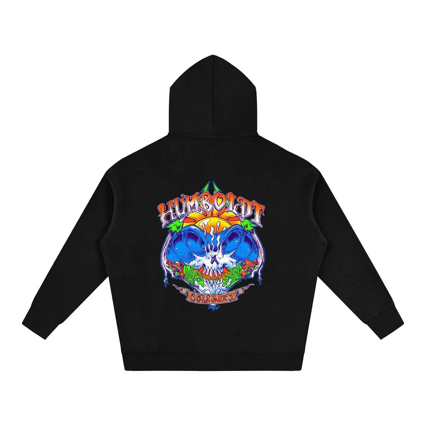 Black hoodie with colorful graphic design of waves crashing, sun, trees, and textthat says Humboldt County on the back on a white background.