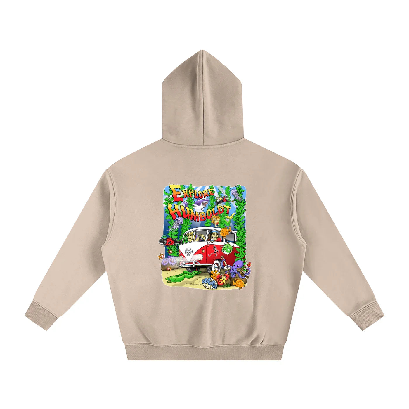 Beige hoodie with 'Explore Humboldt' graphic, vintage van, sea creatures, and coastal adventure design