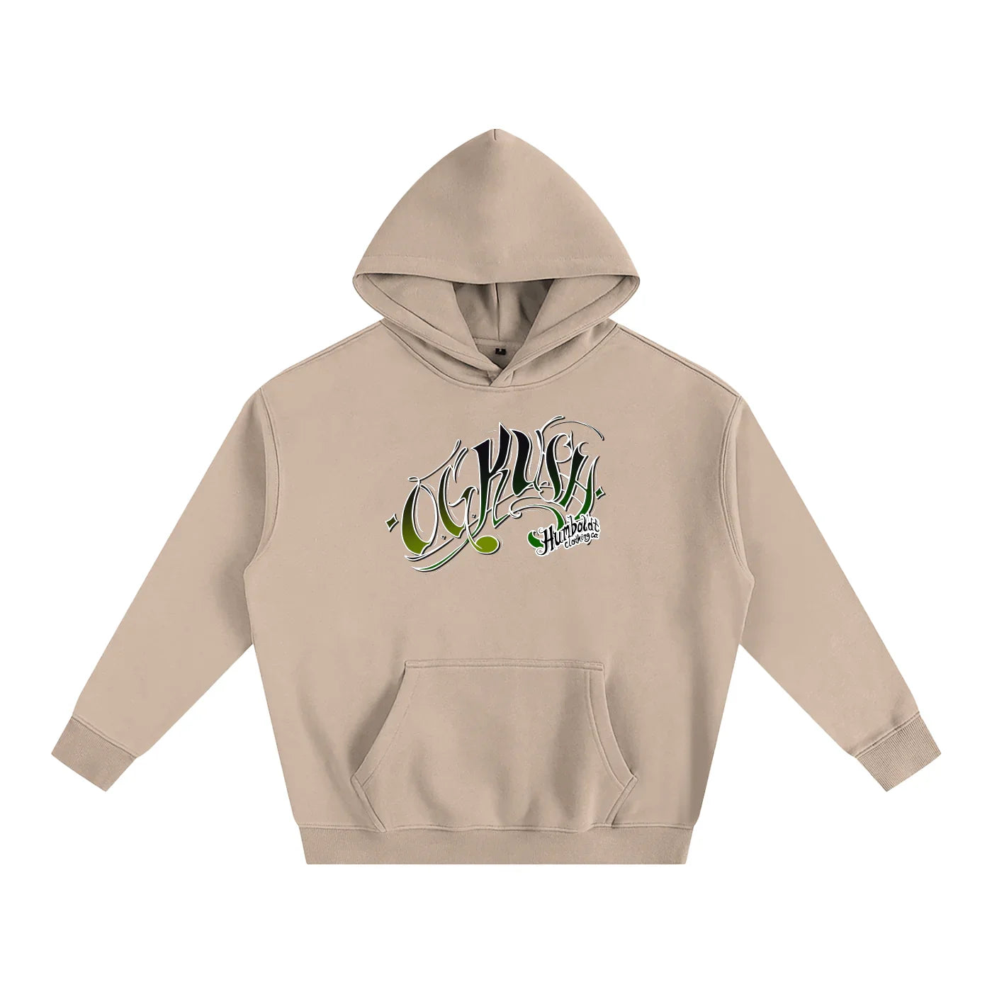 Beige hoodie with green 'OG Humboldt' graphic, streetwear style for outdoors and urban wear