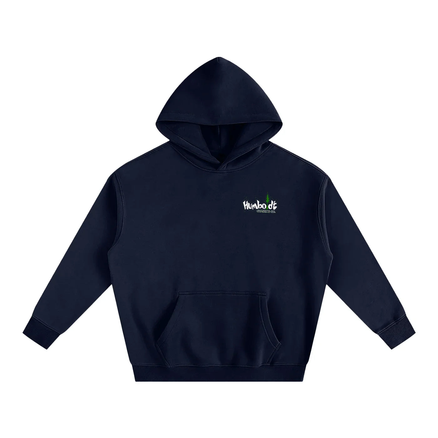 Navy hoodie with small chest logo, blending outdoor and streetwear style for Humboldt County vibes