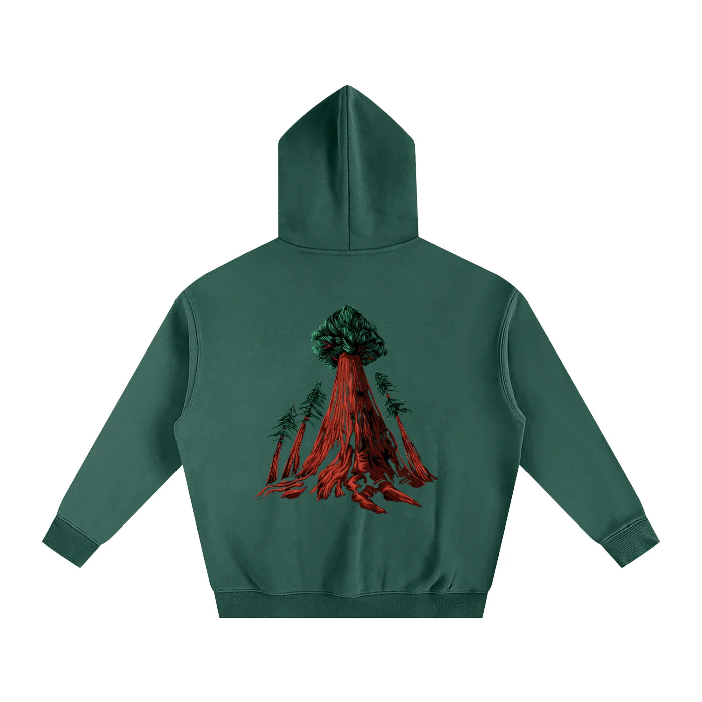 Forest tree root graphic on green hoodie, outdoors style streetwear