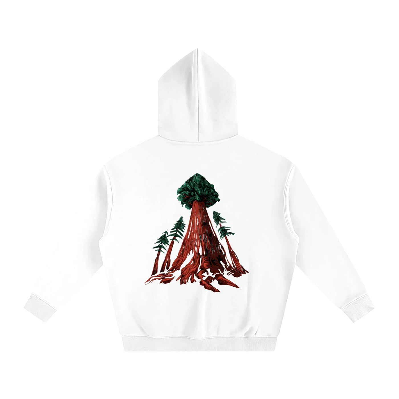 White hoodie with red tree root graphic and green pine trees, outdoor streetwear style