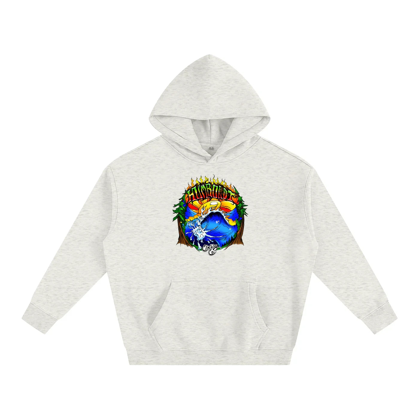 Humboldt hoodie with vibrant nature graphic, blending ocean waves, forest, and sunset for outdoor streetwear style