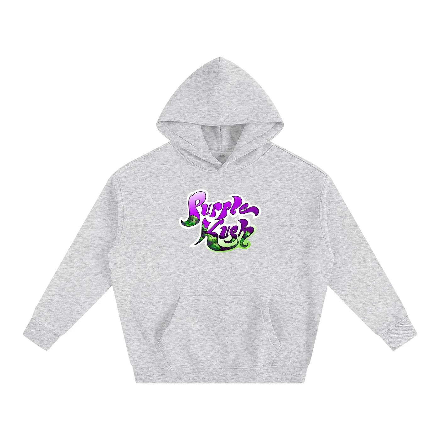Gray hoodie with vibrant Purple Kush graphic, blending streetwear style and bold design.