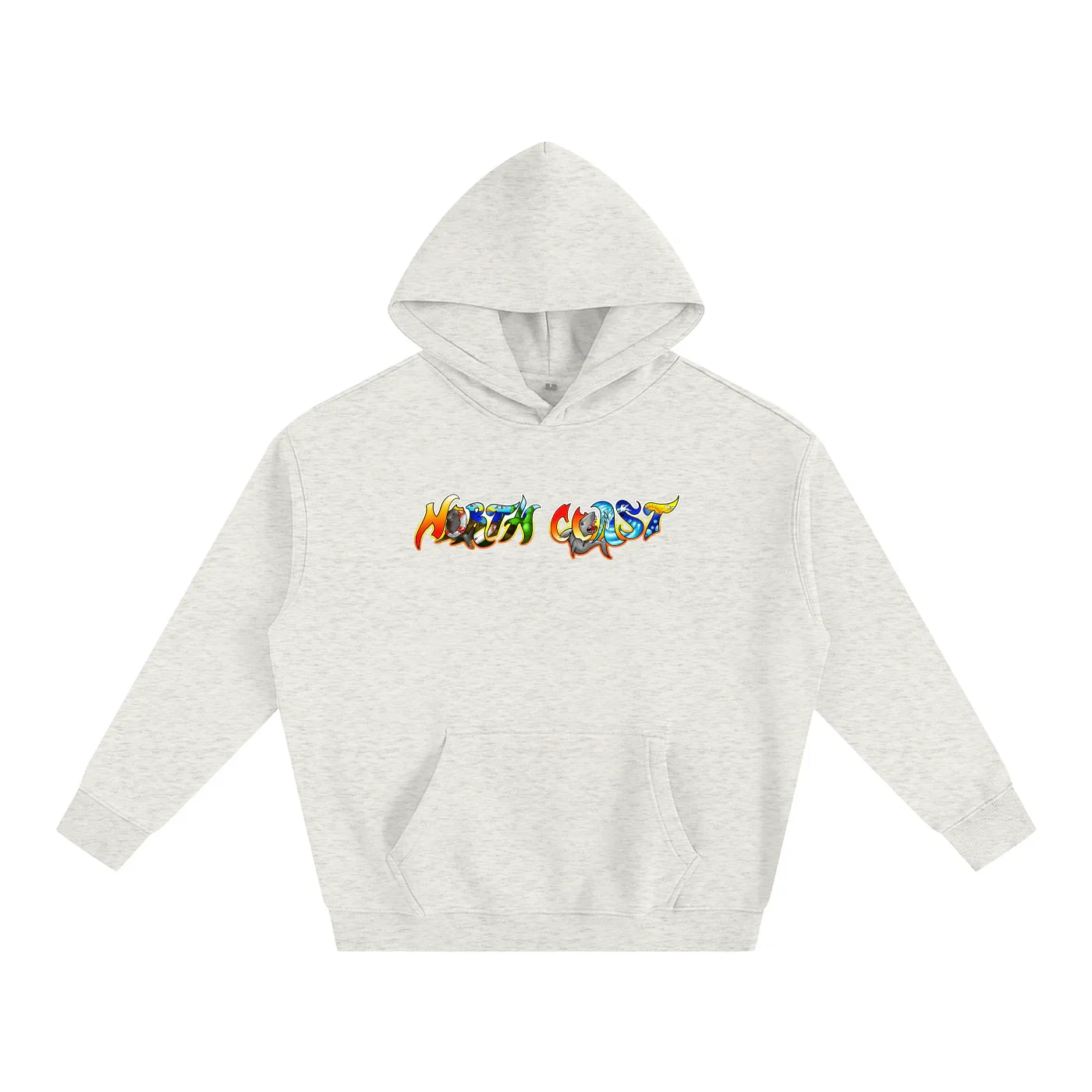 Heather gray hoodie with colorful North Coast graphic, blending outdoor and streetwear style.