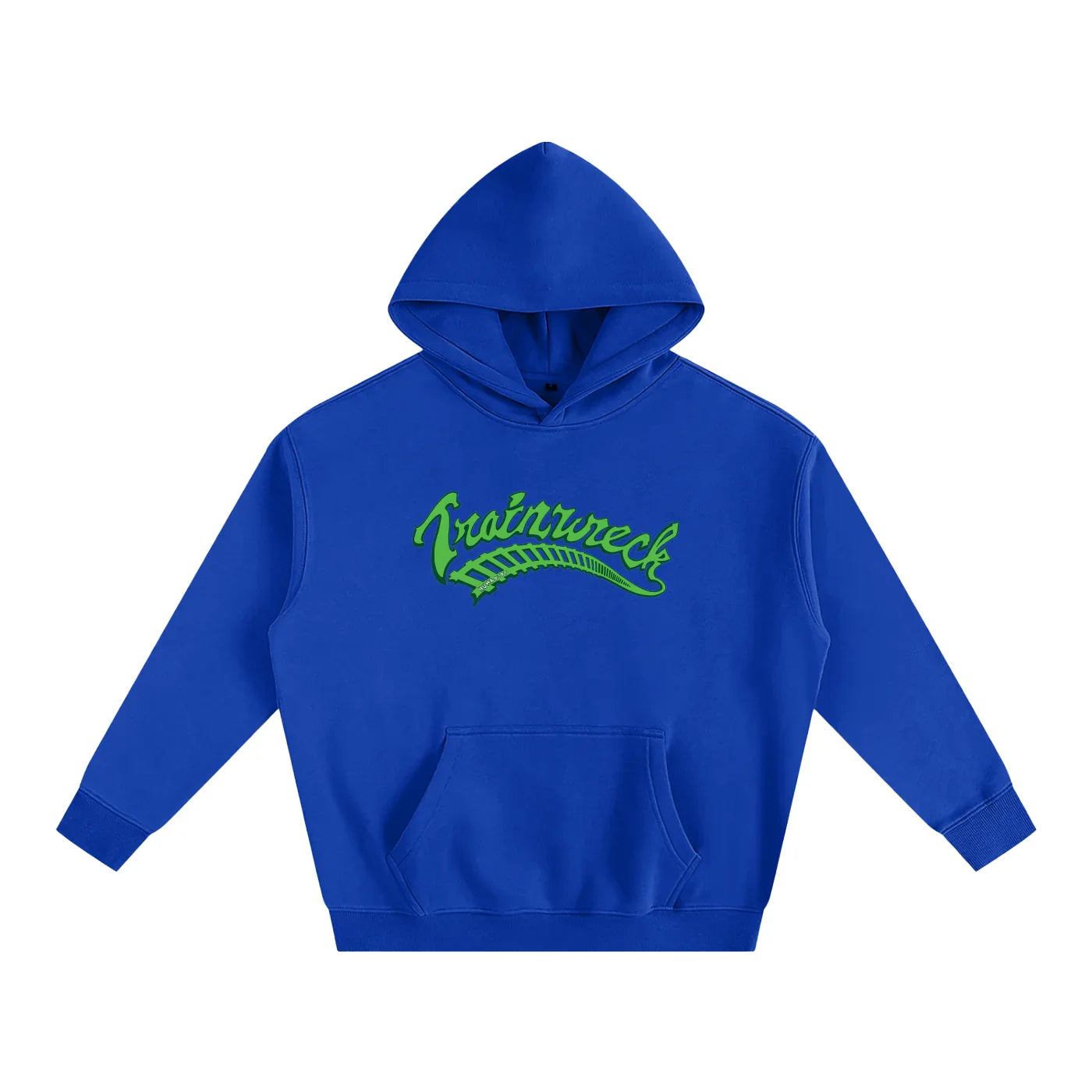 Royal blue hoodie with green 'Trainwreck' graphic, urban streetwear style