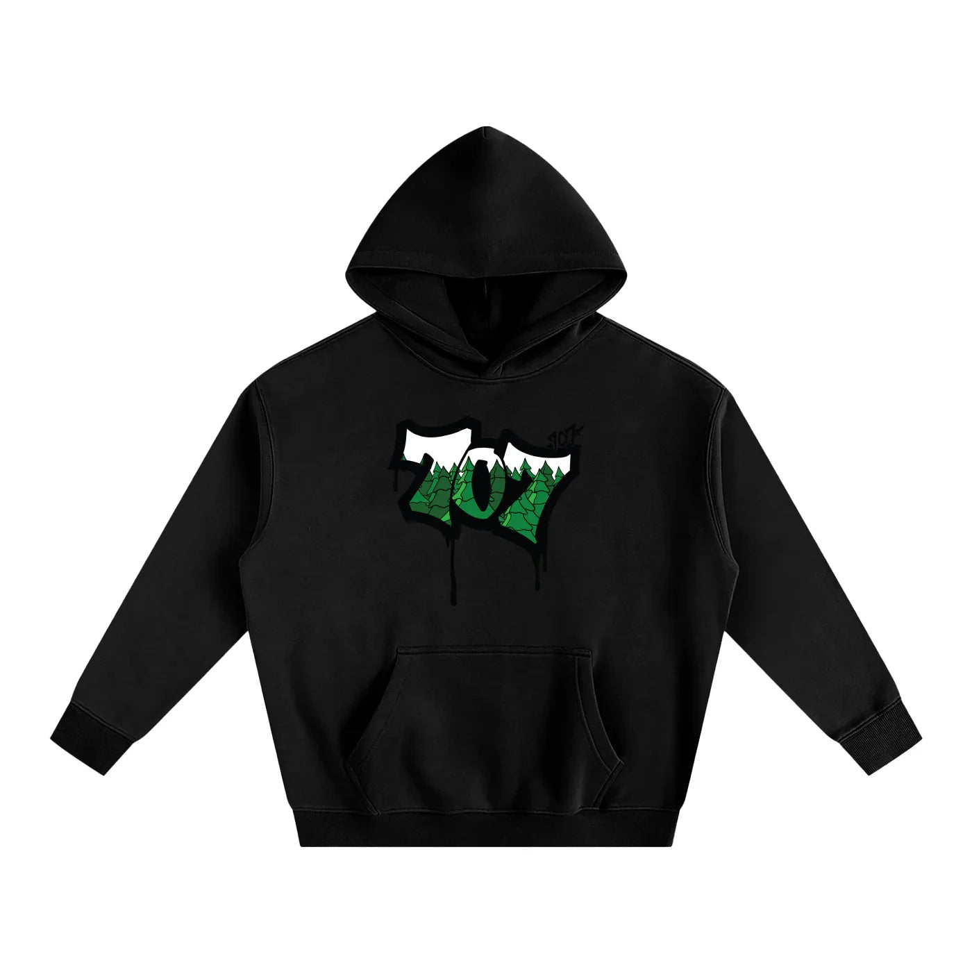 Black hoodie with 707 forest graphic, mountain design, urban streetwear style