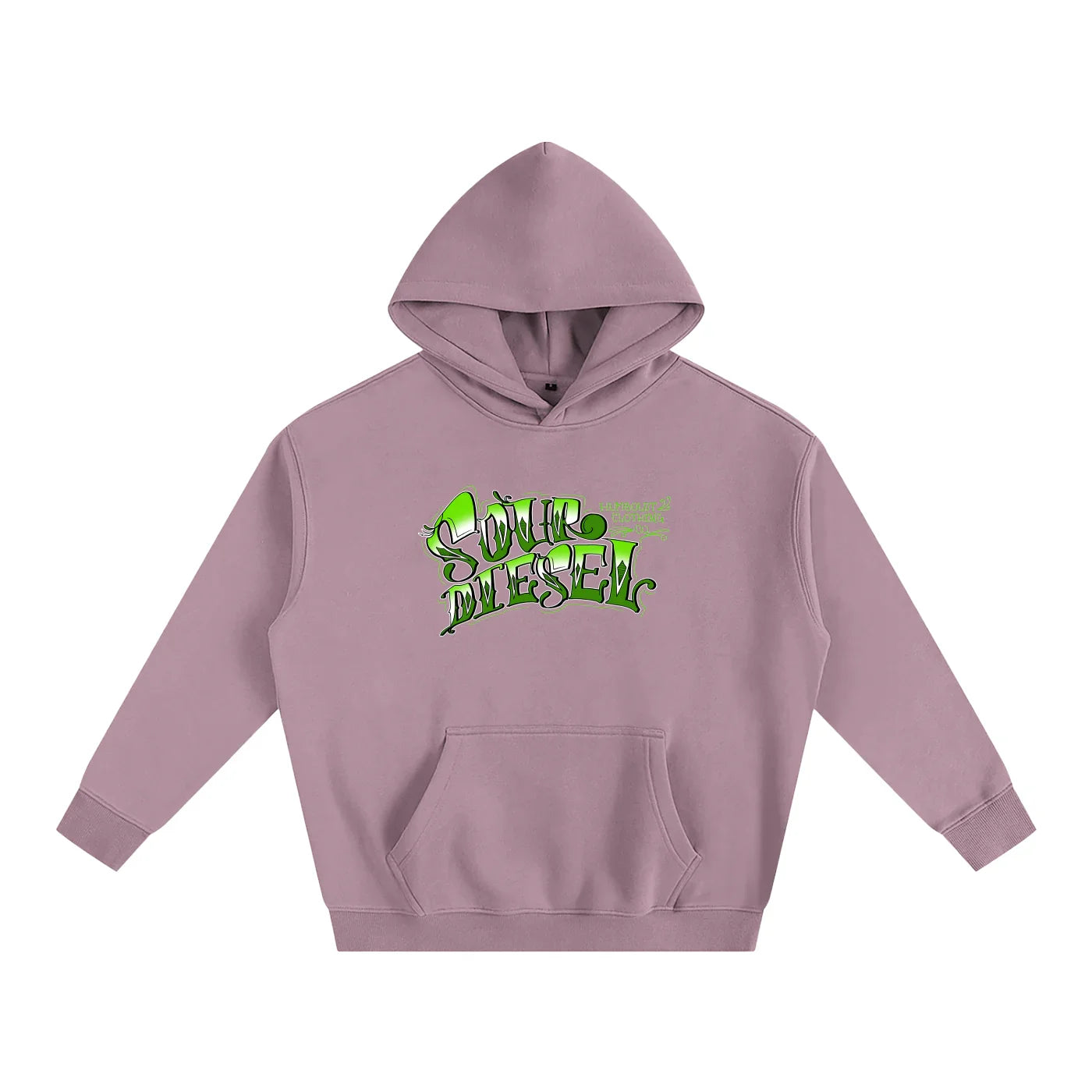 Purple hoodie with green Sour Diesel graphic, streetwear style