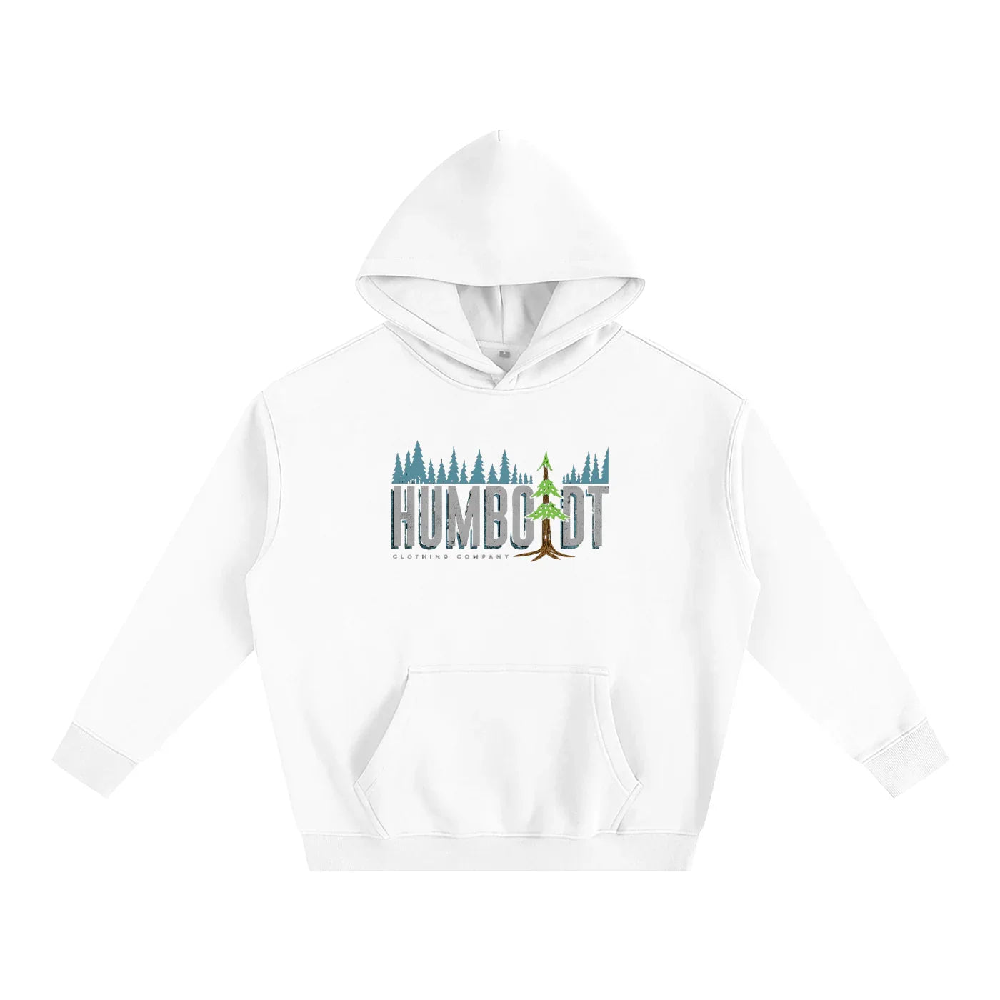 White hoodie with Humboldt forest graphic, blending outdoor and streetwear style for Northern California vibes.