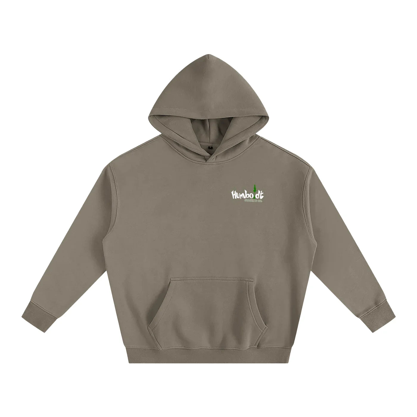 Olive green hoodie with Humboldt County logo, featuring urban streetwear style and front pocket design.