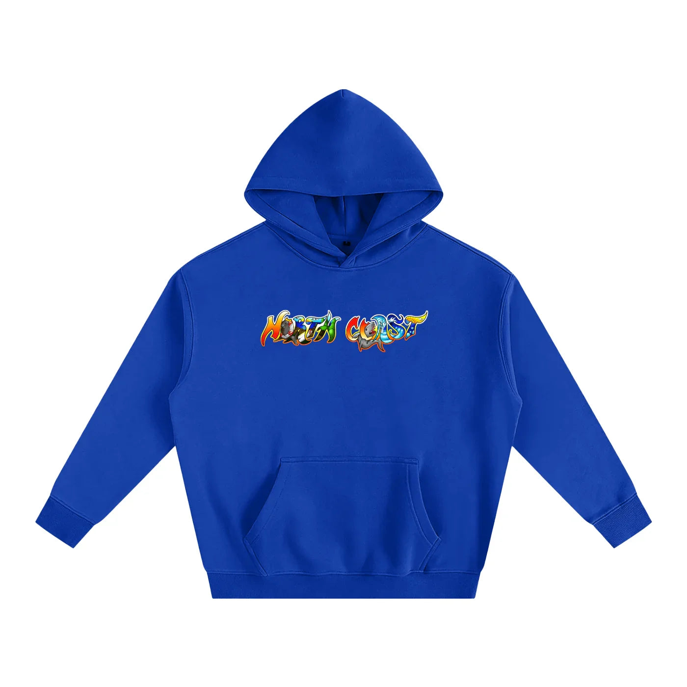 Royal blue hoodie with colorful 'North Coast' graphic, blending outdoor and streetwear style