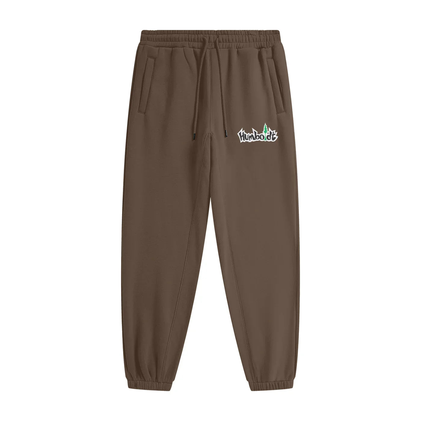 Brown jogger pants with Humboldt logo, featuring drawstring waist and side pockets, ideal for casual or outdoor wear.