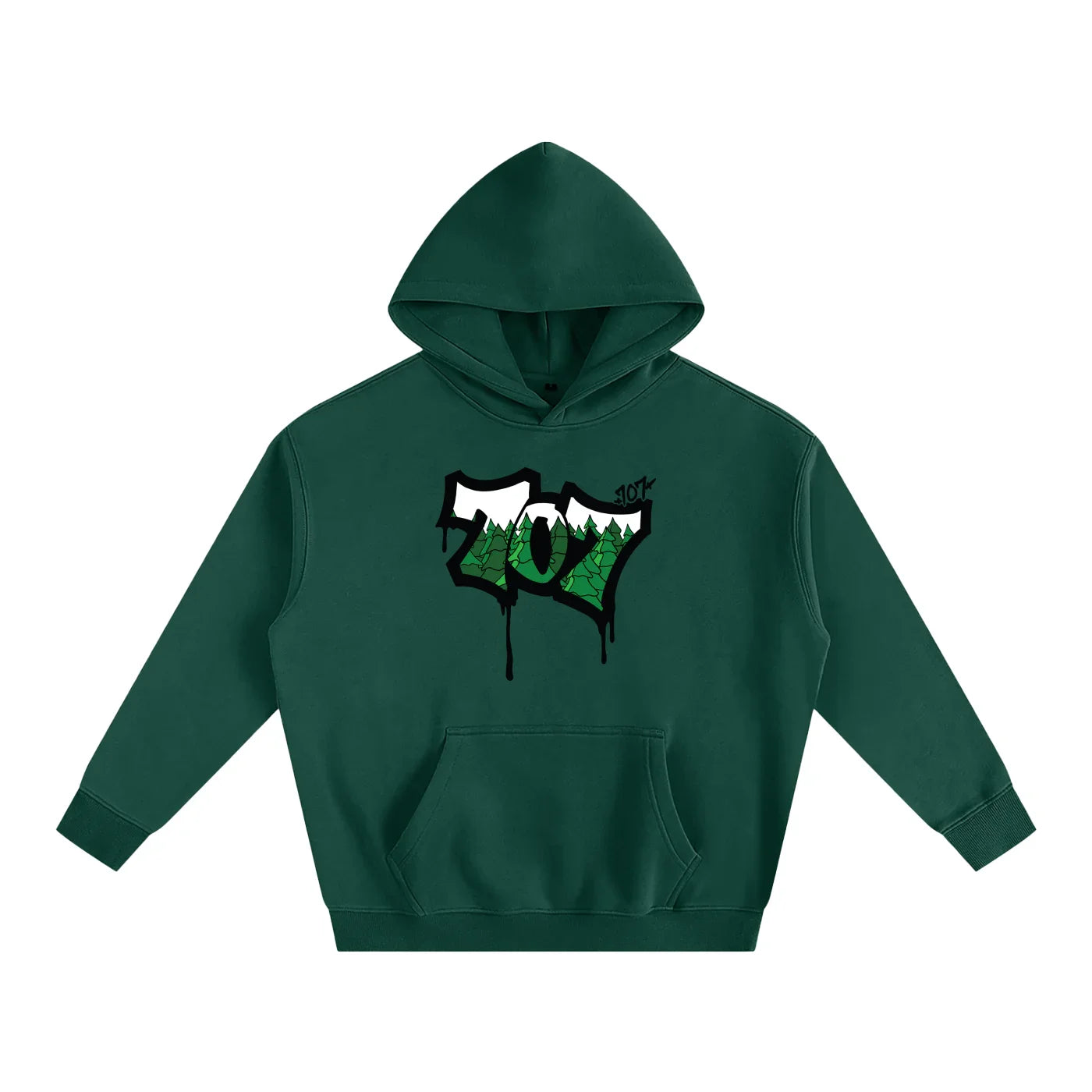Forest green hoodie with 707 graffiti graphic, pine trees, and snow-capped peaks design