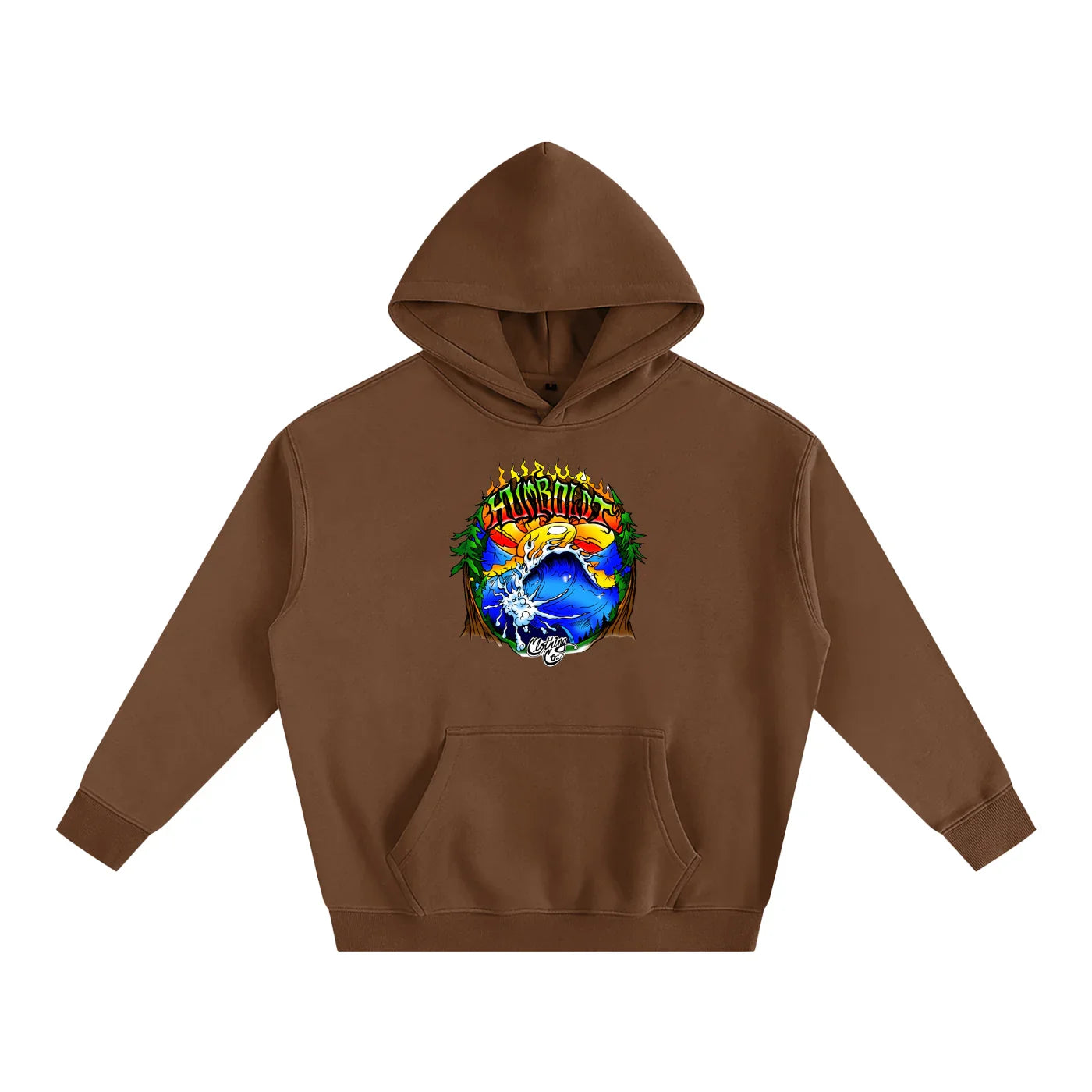 Brown hoodie with vibrant Humboldt graphic, blending nature and streetwear style for outdoor urban wear.